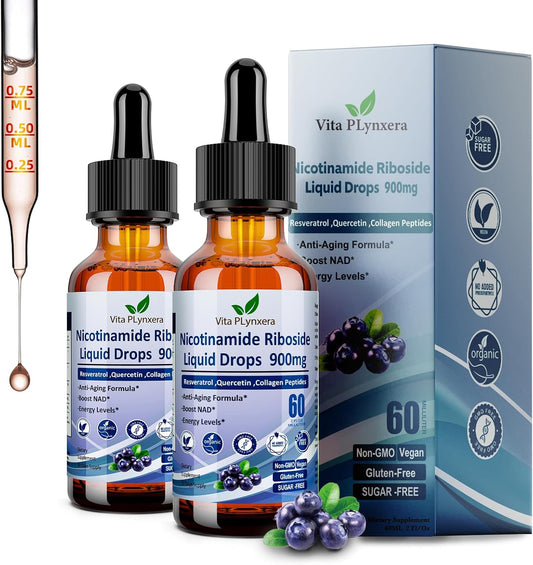 NAD Plus Supplement for Anti-Aging & Energy - 2 Pack NAD Nicotinamide Riboside Resveratrol 900mg Liquid Formula with Collagen & Biotin - Men & Women's Health & Longevity