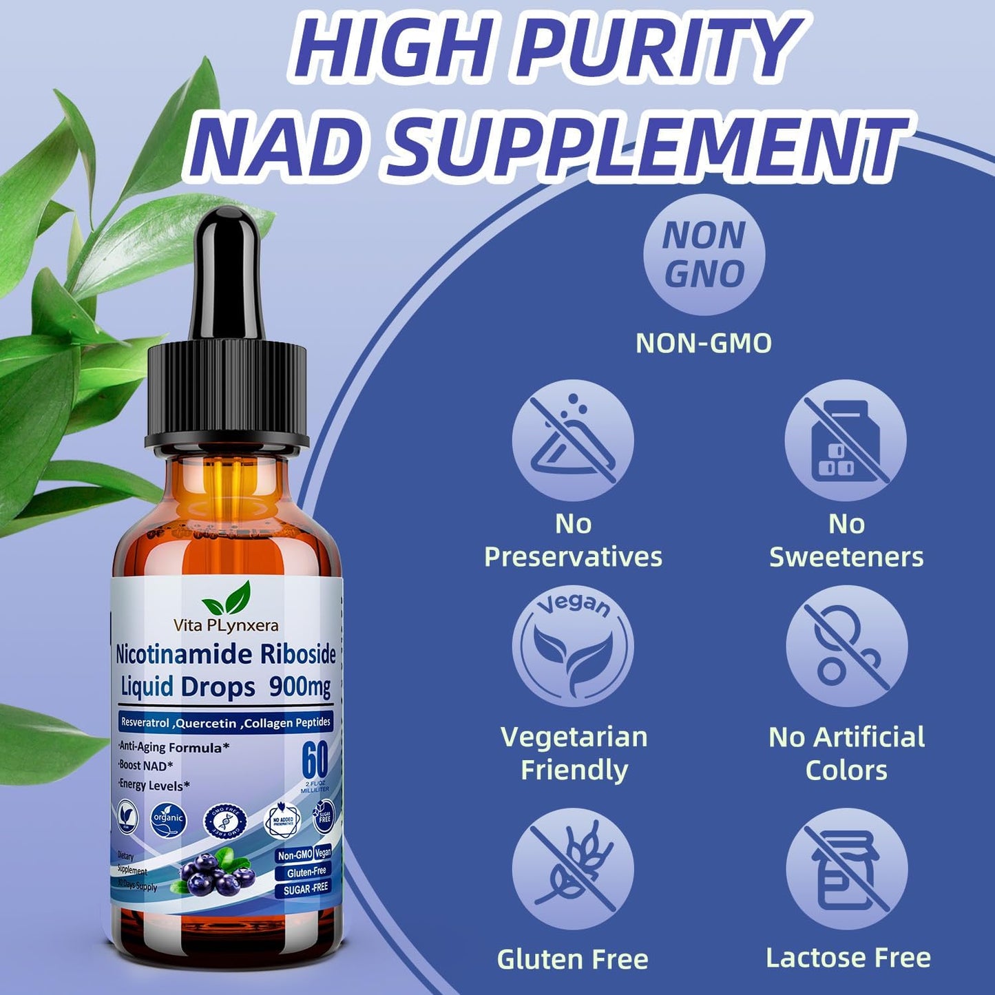 NAD Plus Supplement for Anti-Aging & Energy - 2 Pack NAD Nicotinamide Riboside Resveratrol 900mg Liquid Formula with Collagen & Biotin - Men & Women's Health & Longevity