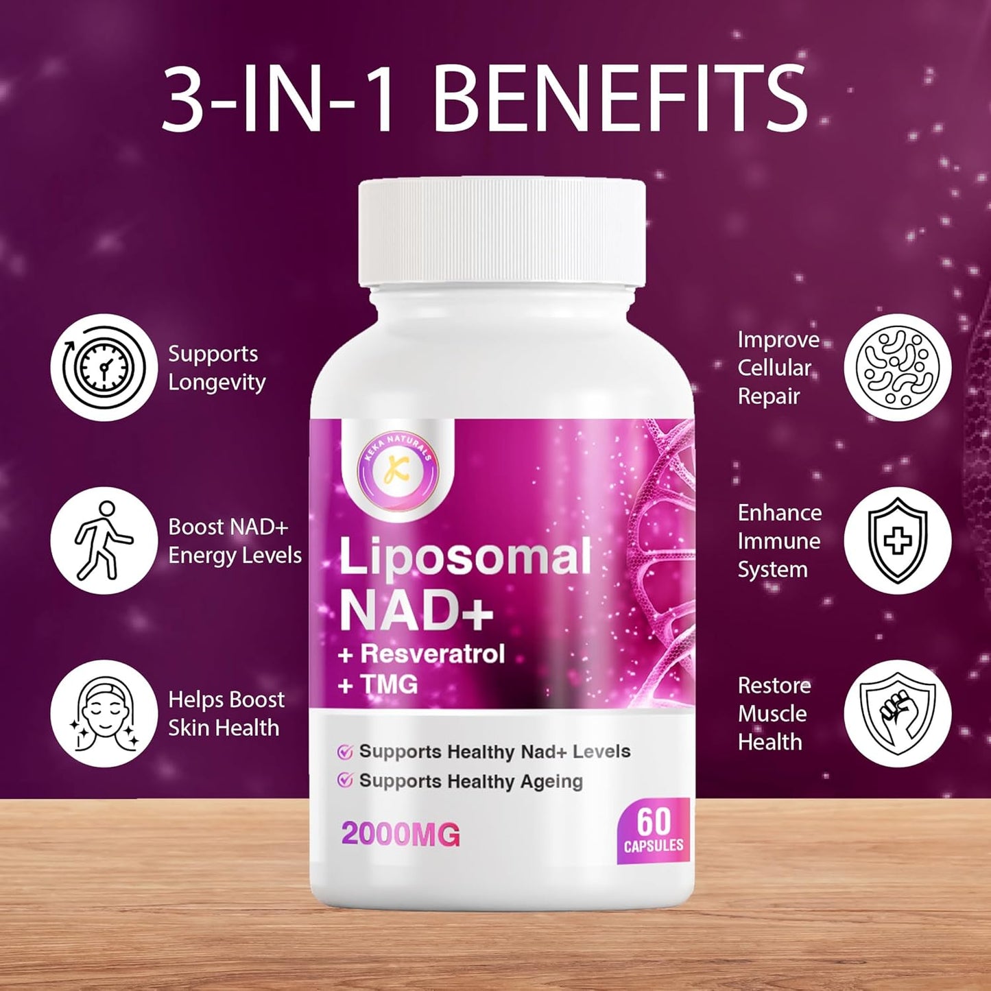 NAD Resveratrol TMG Supplement 2000mg | Boost NAD+ Levels | Immune & Energy Support | 3-in-1 Formula | 60 Capsules
