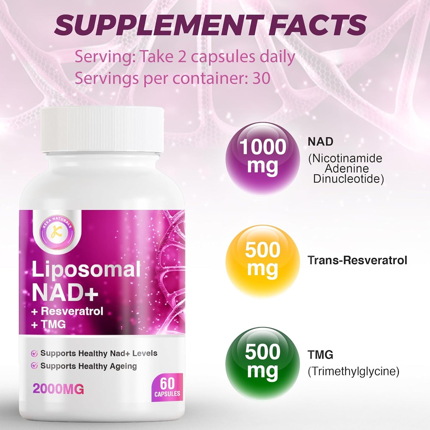 NAD Resveratrol TMG Supplement 2000mg | Boost NAD+ Levels | Immune & Energy Support | 3-in-1 Formula | 60 Capsules