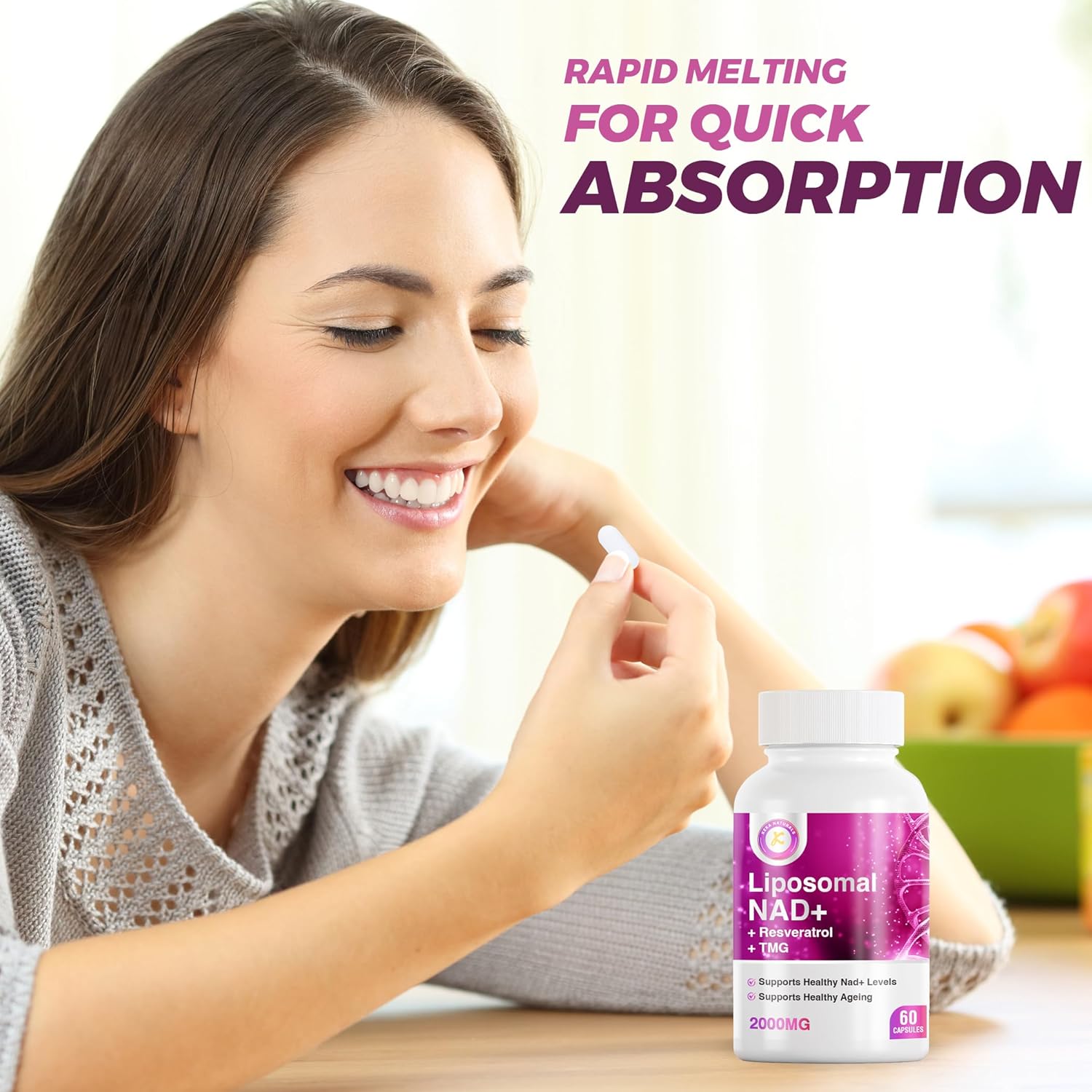 NAD Resveratrol TMG Supplement 2000mg | Boost NAD+ Levels | Immune & Energy Support | 3-in-1 Formula | 60 Capsules