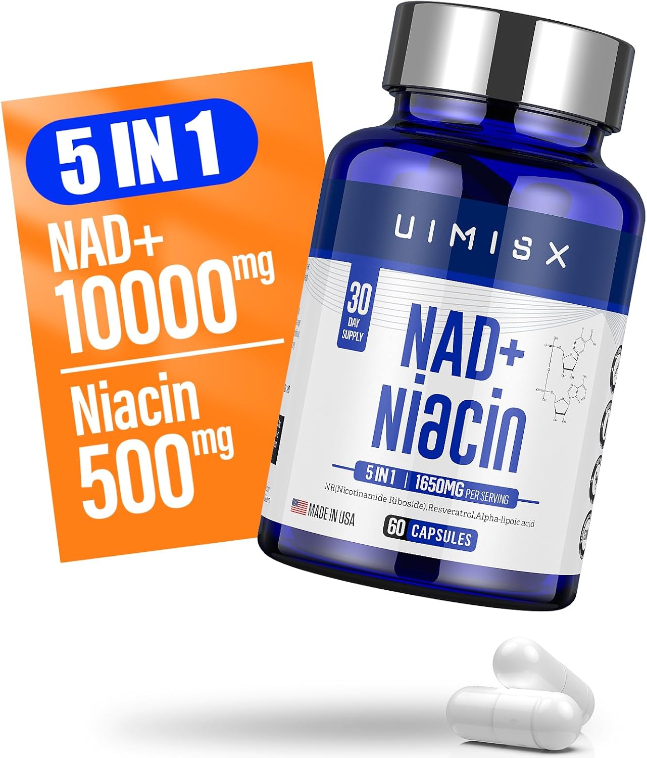 NAD+ Supplement 1000mg & Niacin (Vitamin B3) 500mg - Nicotinamide Riboside (NR) for Energy, Anti-Aging, Brain, and Muscle Support - Non-GMO, Gluten-Free - Men and Women