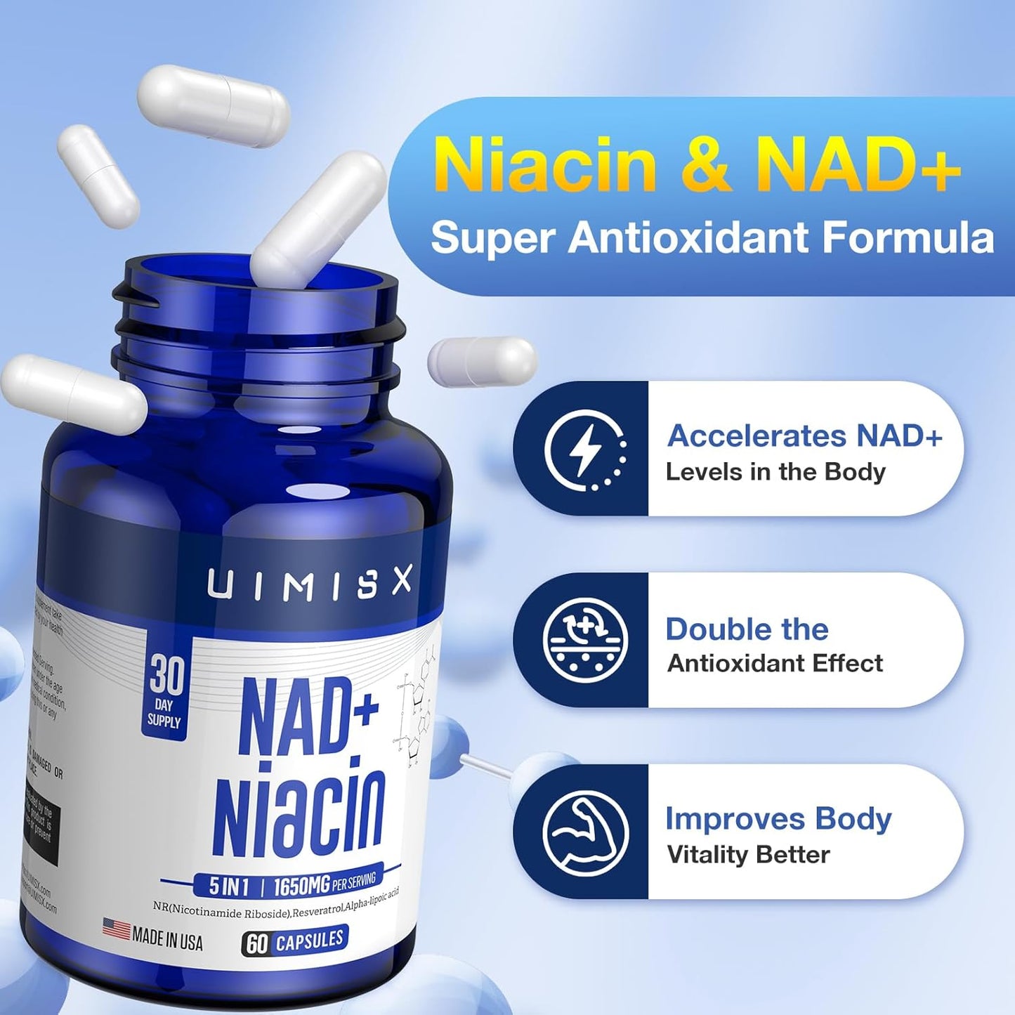 NAD+ Supplement 1000mg & Niacin (Vitamin B3) 500mg - Nicotinamide Riboside (NR) for Energy, Anti-Aging, Brain, and Muscle Support - Non-GMO, Gluten-Free - Men and Women