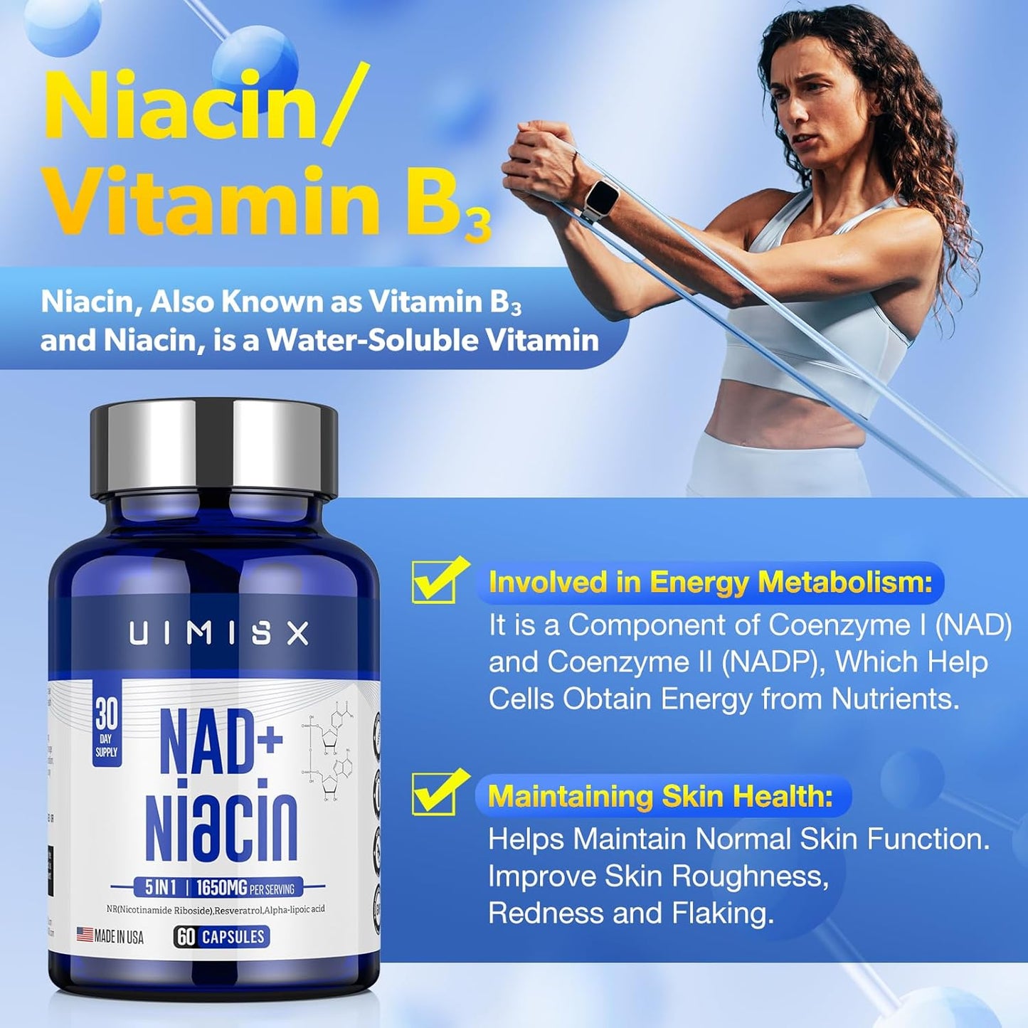 NAD+ Supplement 1000mg & Niacin (Vitamin B3) 500mg - Nicotinamide Riboside (NR) for Energy, Anti-Aging, Brain, and Muscle Support - Non-GMO, Gluten-Free - Men and Women
