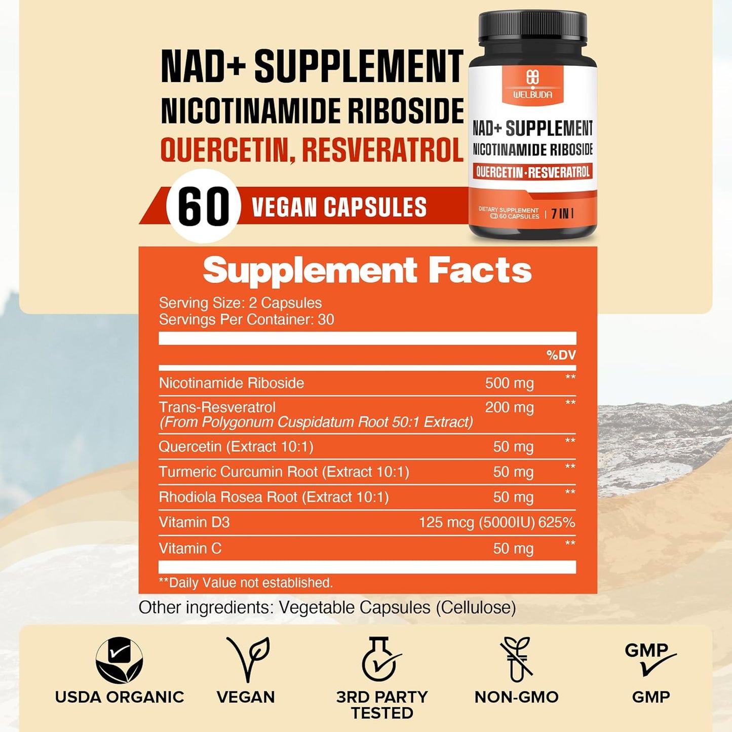 NAD+ Supplement with 900mg Nicotinamide Riboside, Resveratrol, Turmeric - Vitality & Healthy Aging - 60 Capsules