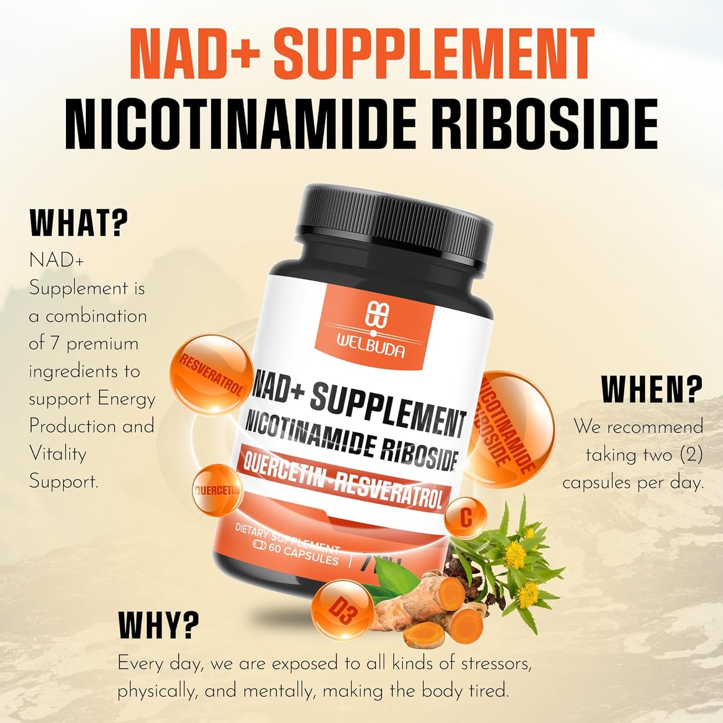 NAD+ Supplement with 900mg Nicotinamide Riboside, Resveratrol, Turmeric - Vitality & Healthy Aging - 60 Capsules