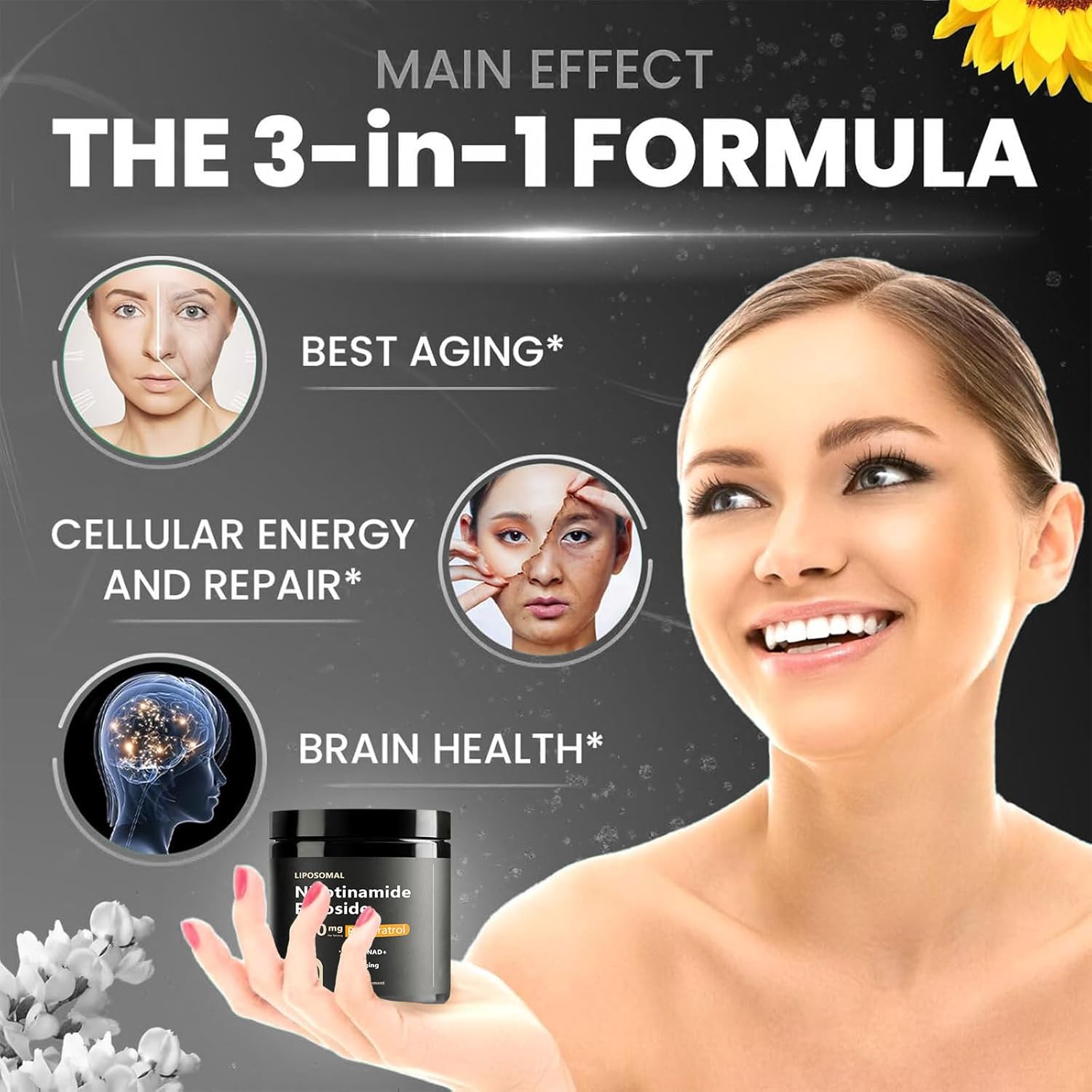 NAD Supplement with Nicotinamide Riboside 900 mg, Resveratrol, Quercetin - Anti-Aging Energy Focus - 80 Capsules