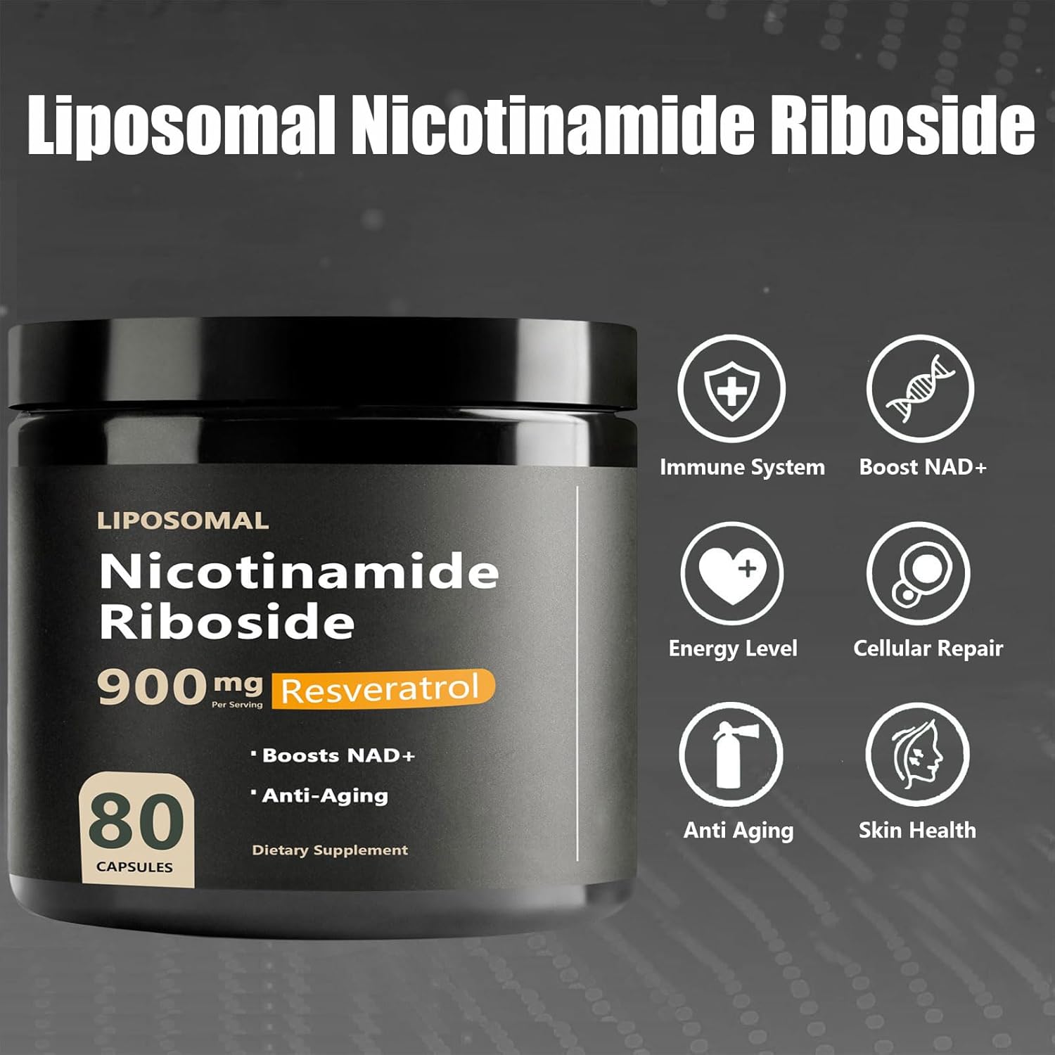 NAD Supplement with Nicotinamide Riboside 900 mg, Resveratrol, Quercetin - Anti-Aging Energy Focus - 80 Capsules