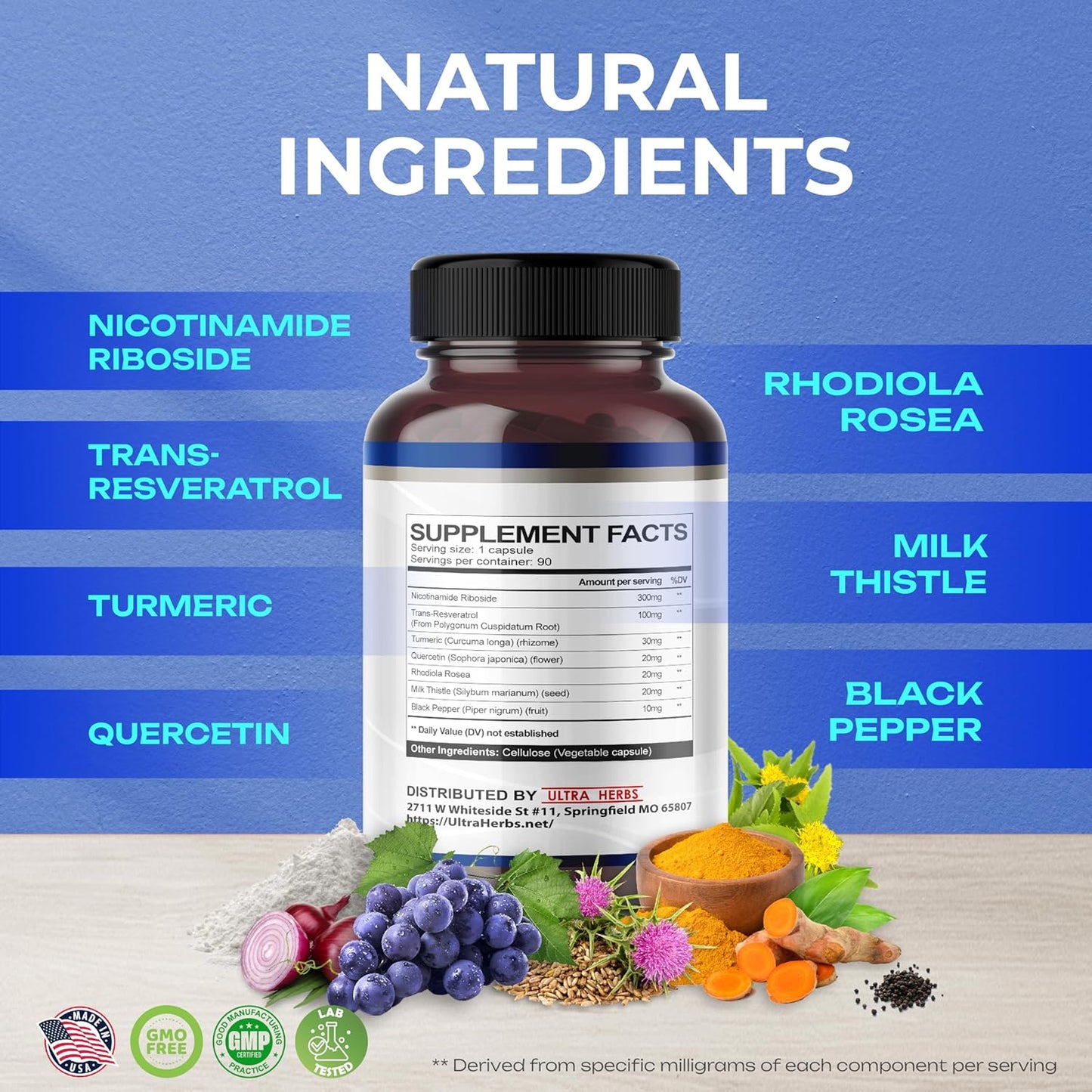 NAD+ Supplement with NR, Trans Resveratrol & Quercetin - Supports Cellular Energy & Healthy Aging - 90 Count - USA Made & Tested