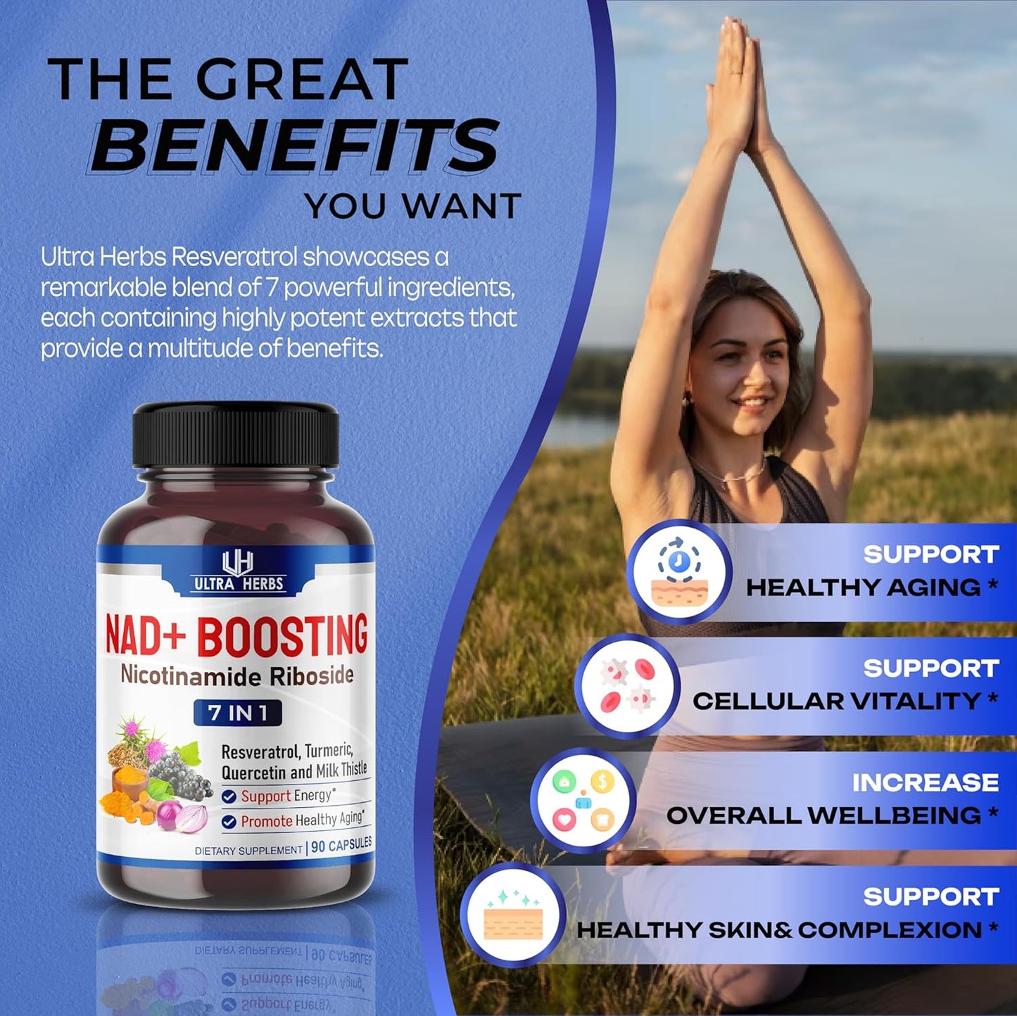 NAD+ Supplement with NR, Trans Resveratrol & Quercetin - Supports Cellular Energy & Healthy Aging - 90 Count - USA Made & Tested