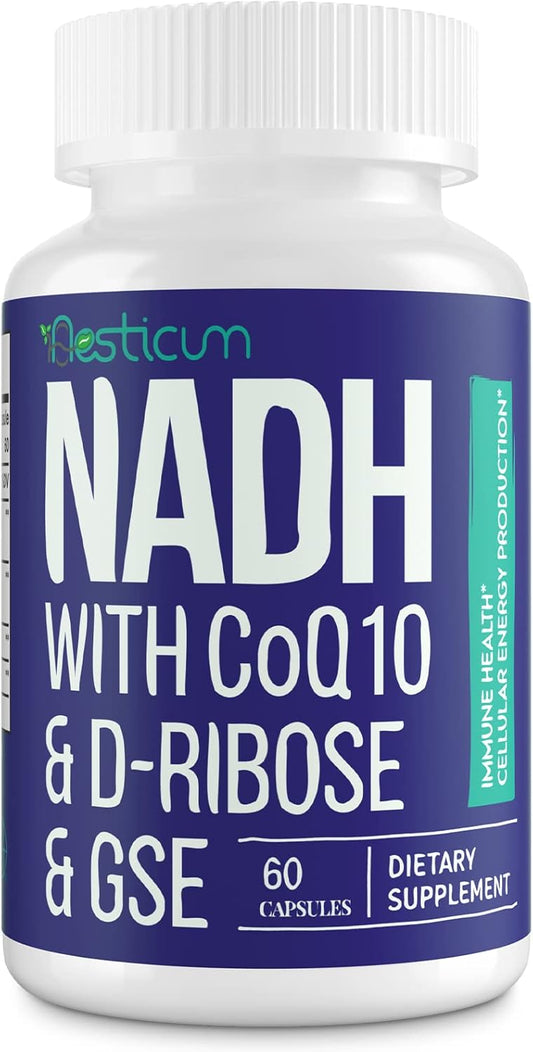 NADH CoQ10 D-Ribose Supplement 60 Capsules for Immune System, Energy, Focus - Boost NAD+ Levels
