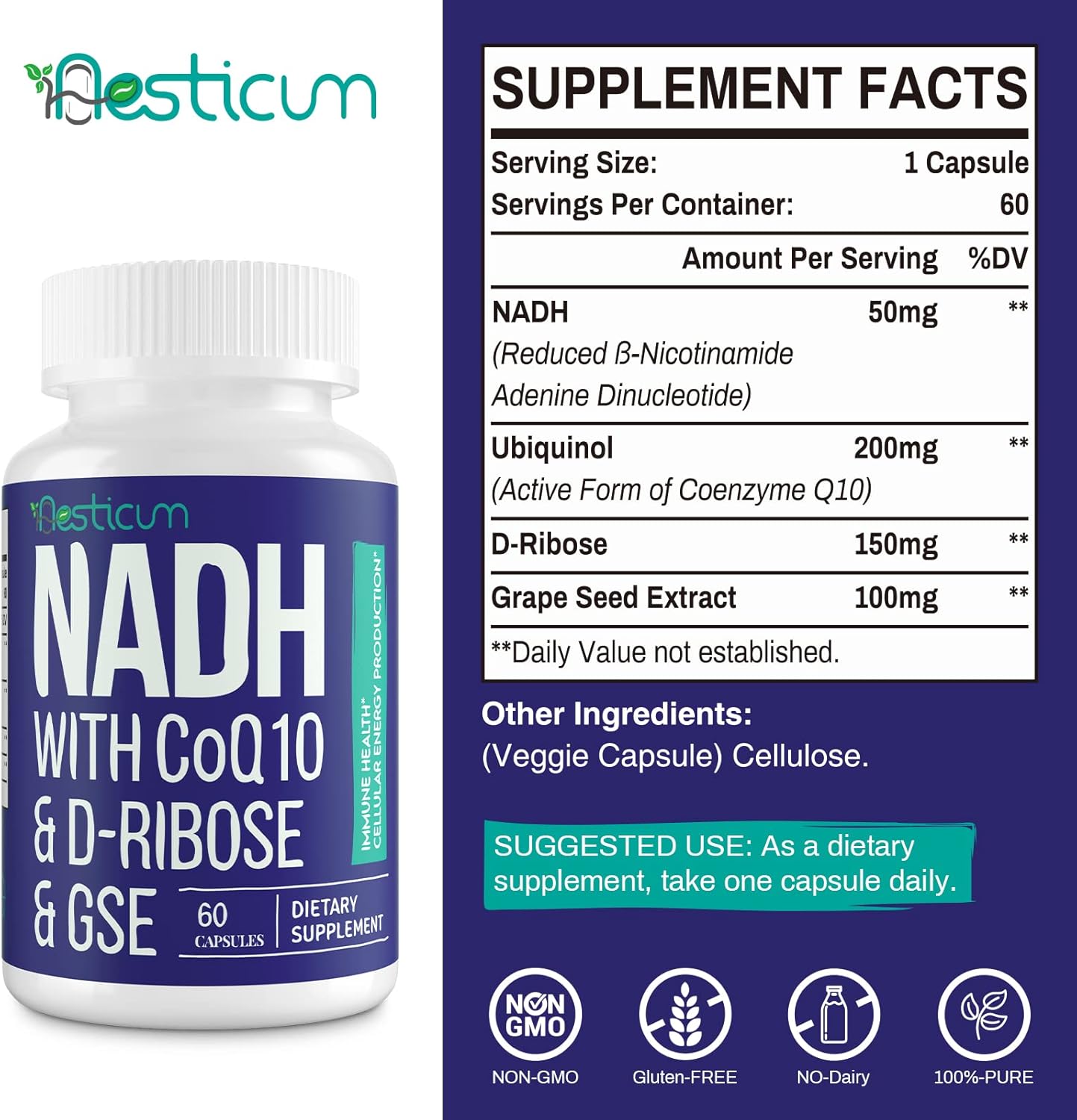 NADH CoQ10 D-Ribose Supplement 60 Capsules for Immune System, Energy, Focus - Boost NAD+ Levels