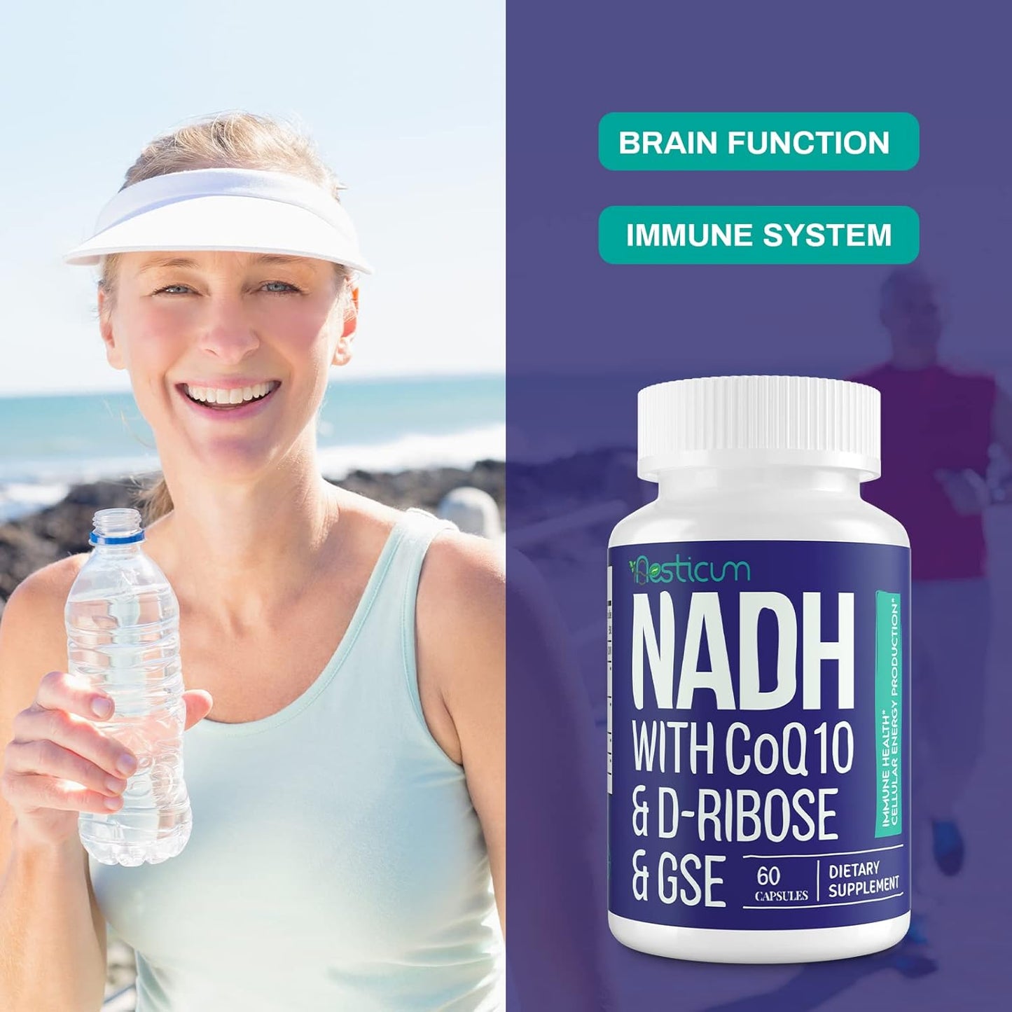 NADH CoQ10 D-Ribose Supplement 60 Capsules for Immune System, Energy, Focus - Boost NAD+ Levels