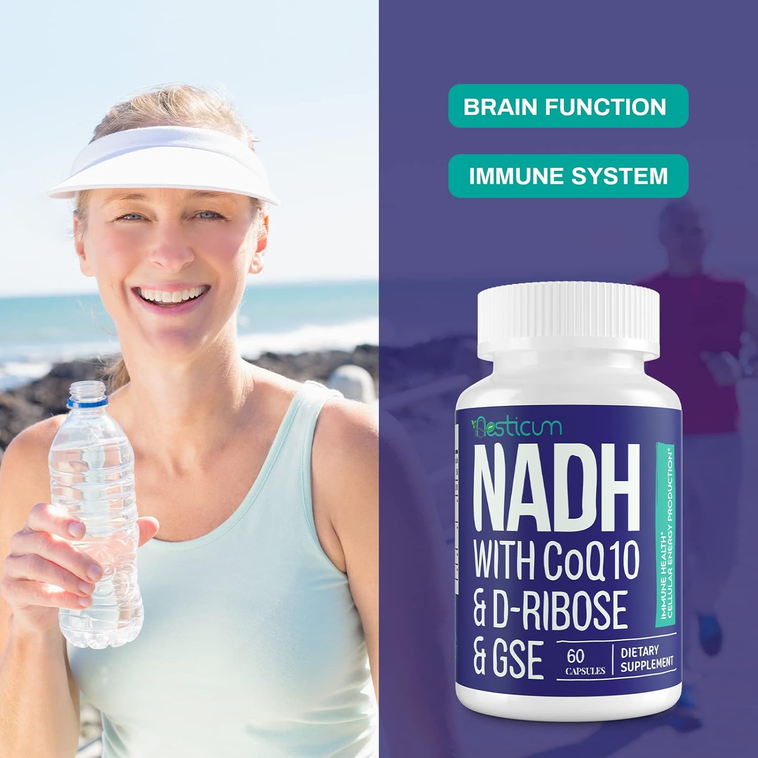 NADH CoQ10 D-Ribose Supplement 60 Capsules for Immune System, Energy, Focus - Boost NAD+ Levels