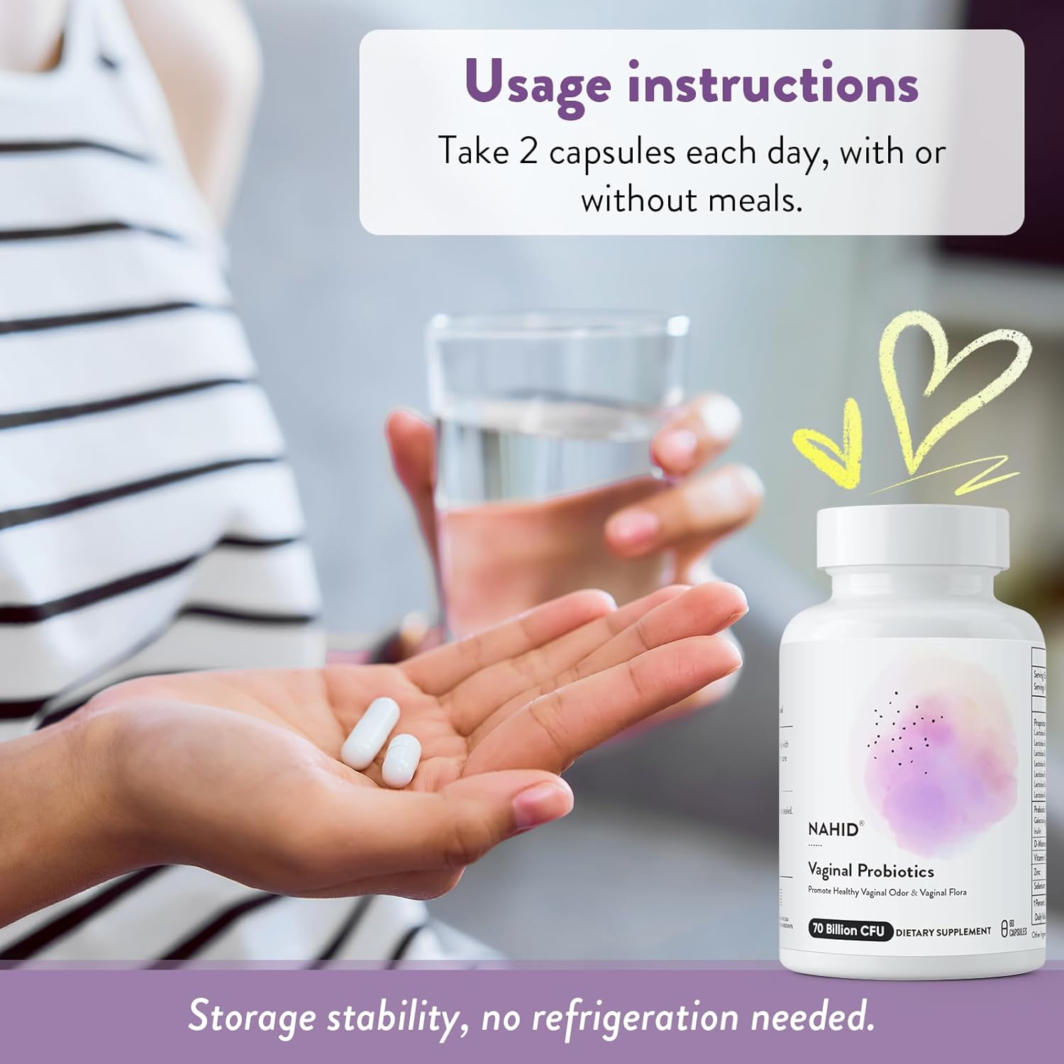 Nahid Vaginal Probiotics for Women - 70 Billion CFU & Prebiotics for pH Balance & Vaginal Health - Supports Odor Control, Urinary Tract & Digestive Health - 60 Capsules, Shelf Stable, Lactobacillus Blend