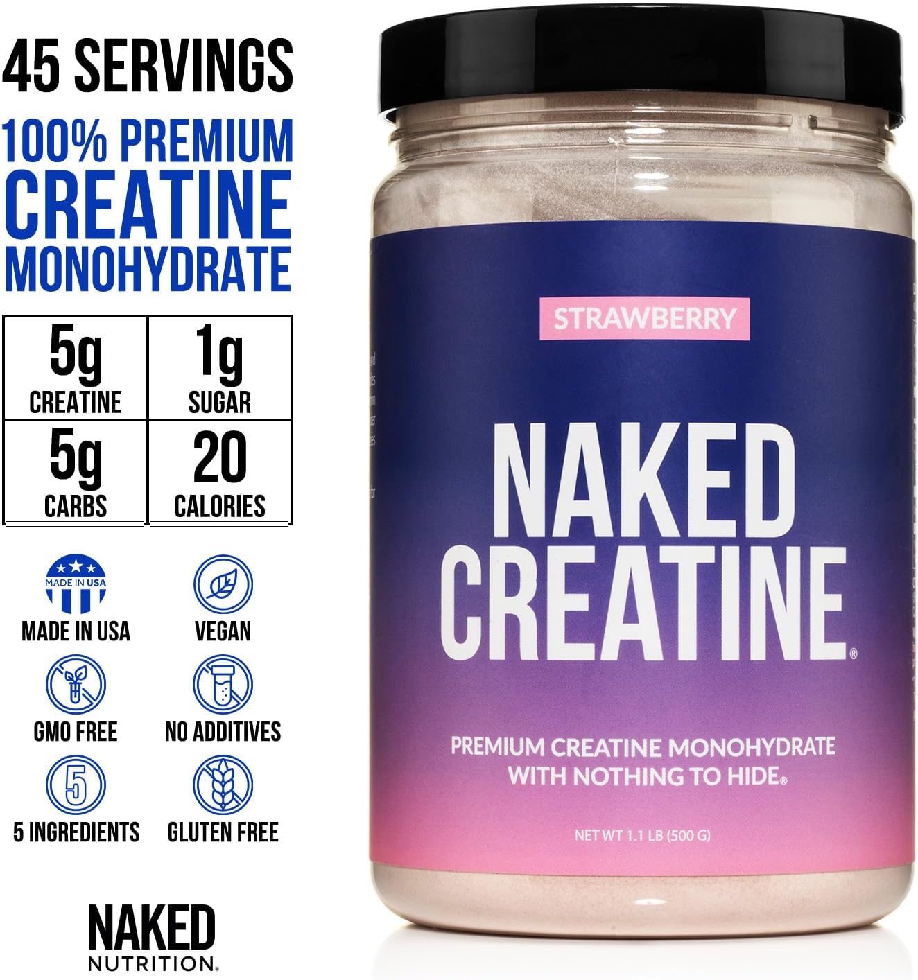 Naked Creatine Strawberry Flavored Monohydrate Powder - Vegan, Non-GMO, Gluten & Soy Free - Muscle Growth Support - 45 Servings