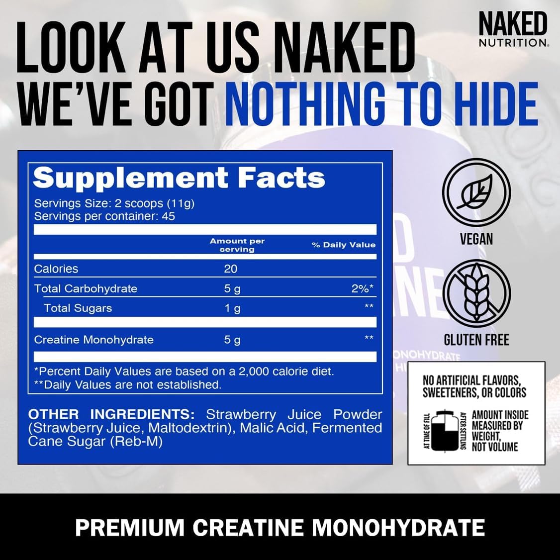 Naked Creatine Strawberry Flavored Monohydrate Powder - Vegan, Non-GMO, Gluten & Soy Free - Muscle Growth Support - 45 Servings