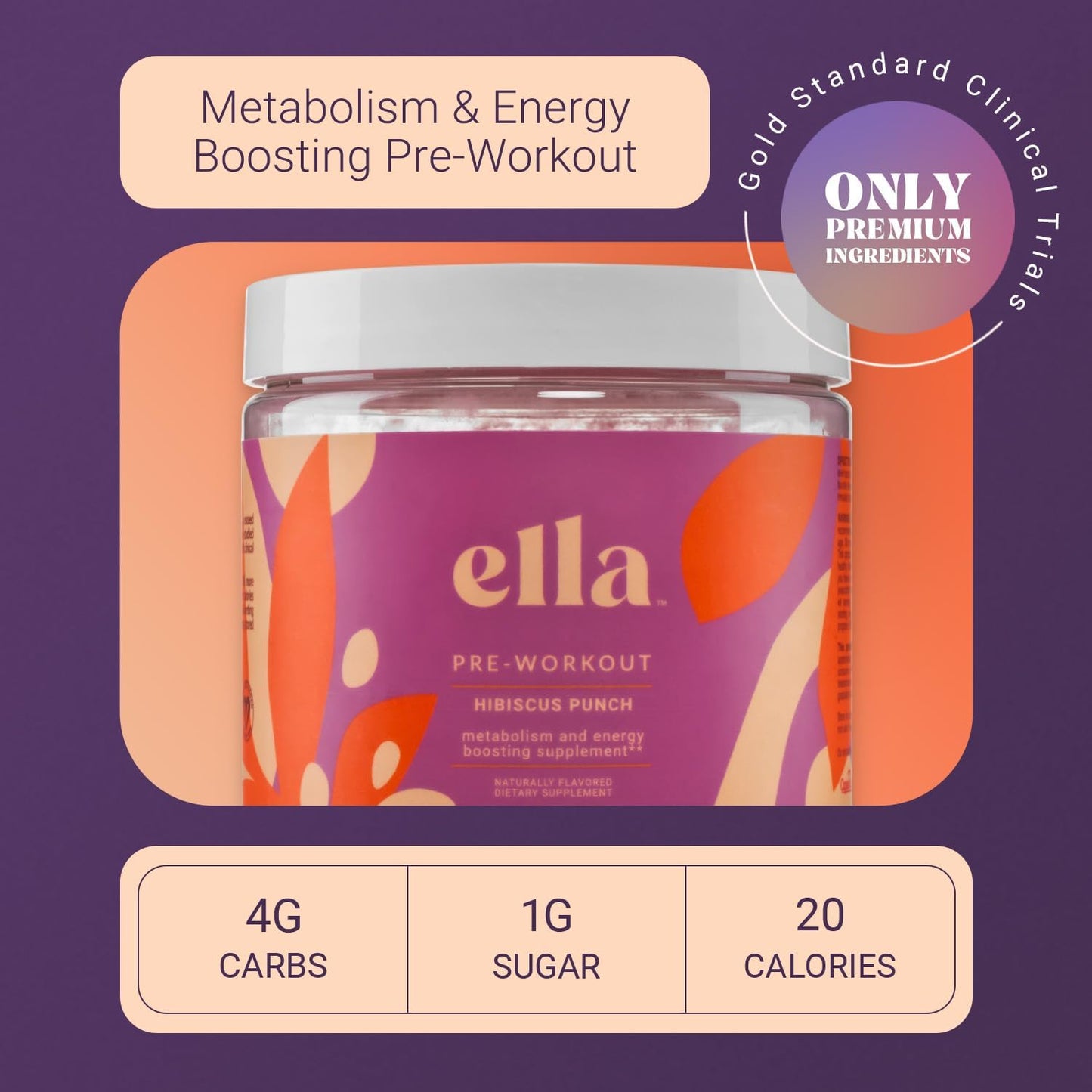 Naked Ella Hibiscus Punch Pre Workout Powder with Vegan BCAA Amino Acids - Natural Caffeine Boost for Men & Women, 30 Servings