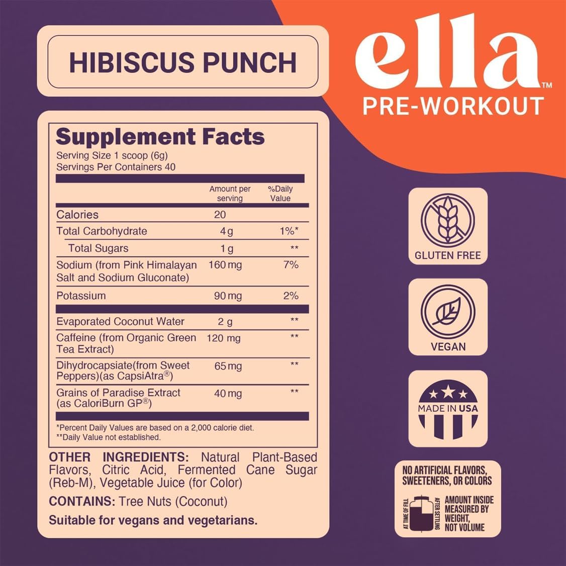 Naked Ella Hibiscus Punch Pre Workout Powder with Vegan BCAA Amino Acids - Natural Caffeine Boost for Men & Women, 30 Servings
