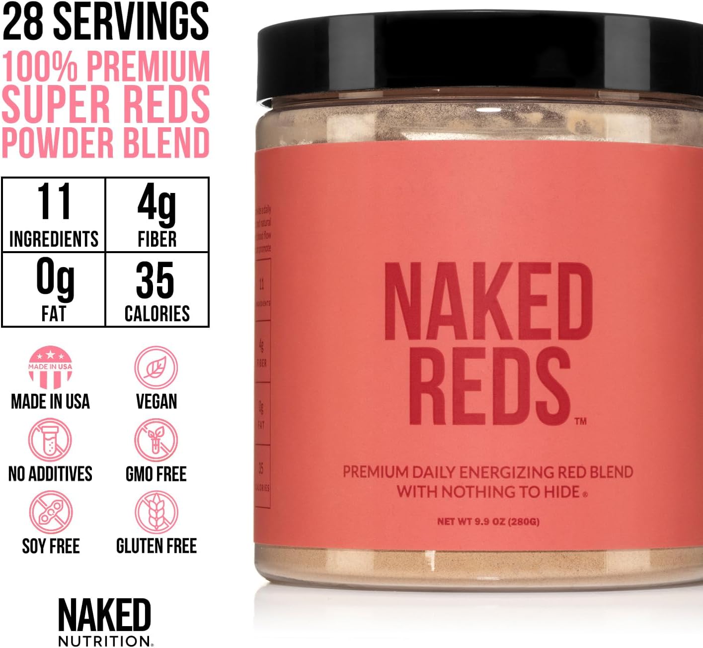 Naked Nutrition Reds Superfood Powder - Organic Polyphenol Fruit Mix, Vegan, Non-GMO, Gluten-Free - 28 Servings