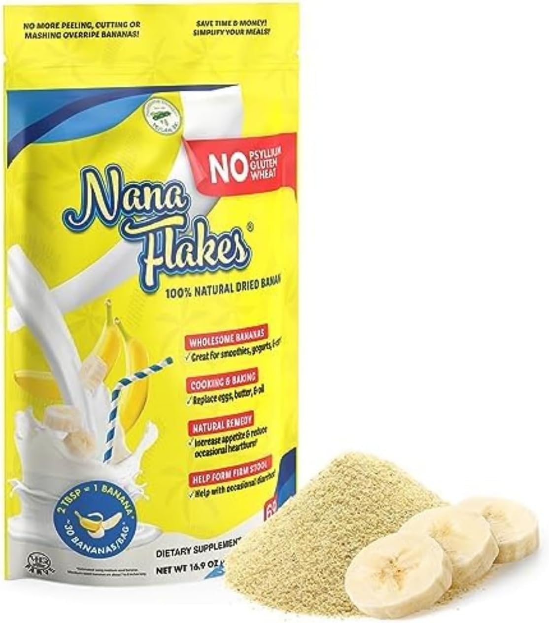 Nana Flakes by Nutritional Designs ND Labs - 100% Pure Banana Flakes Powder, Natural Remedy for Diarrhea & Heartburn, High in Protein & Fiber - 1lb Bag
