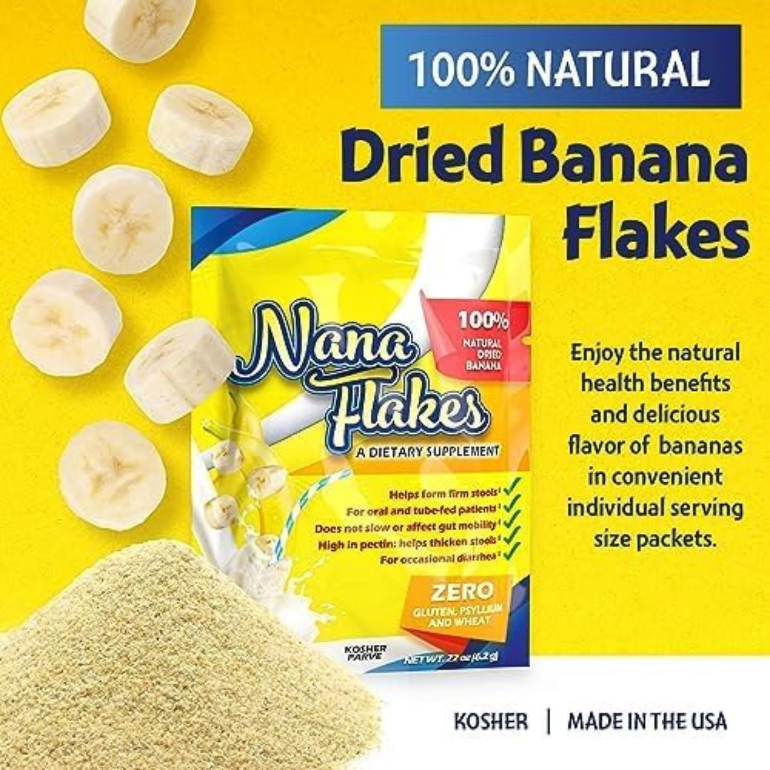 Nana Flakes by Nutritional Designs ND Labs - 100% Pure Banana Flakes Powder, Natural Remedy for Diarrhea & Heartburn, High in Protein & Fiber - 1lb Bag