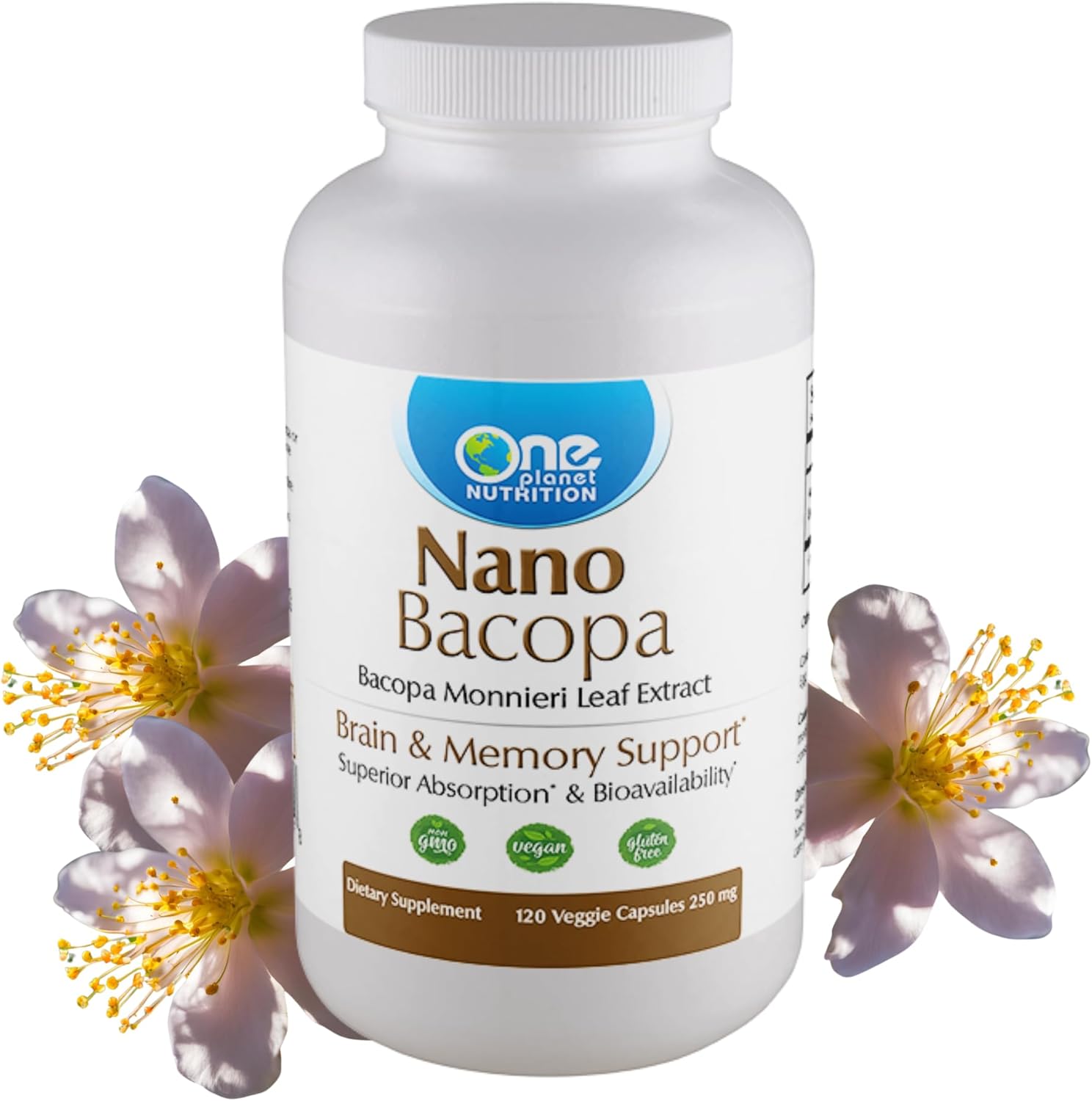 Nano Bacopa Monnieri Extract Capsules - 250mg (120 Servings) | Memory & Focus Support | Easy Absorption | Non-GMO Vegan Gluten-Free