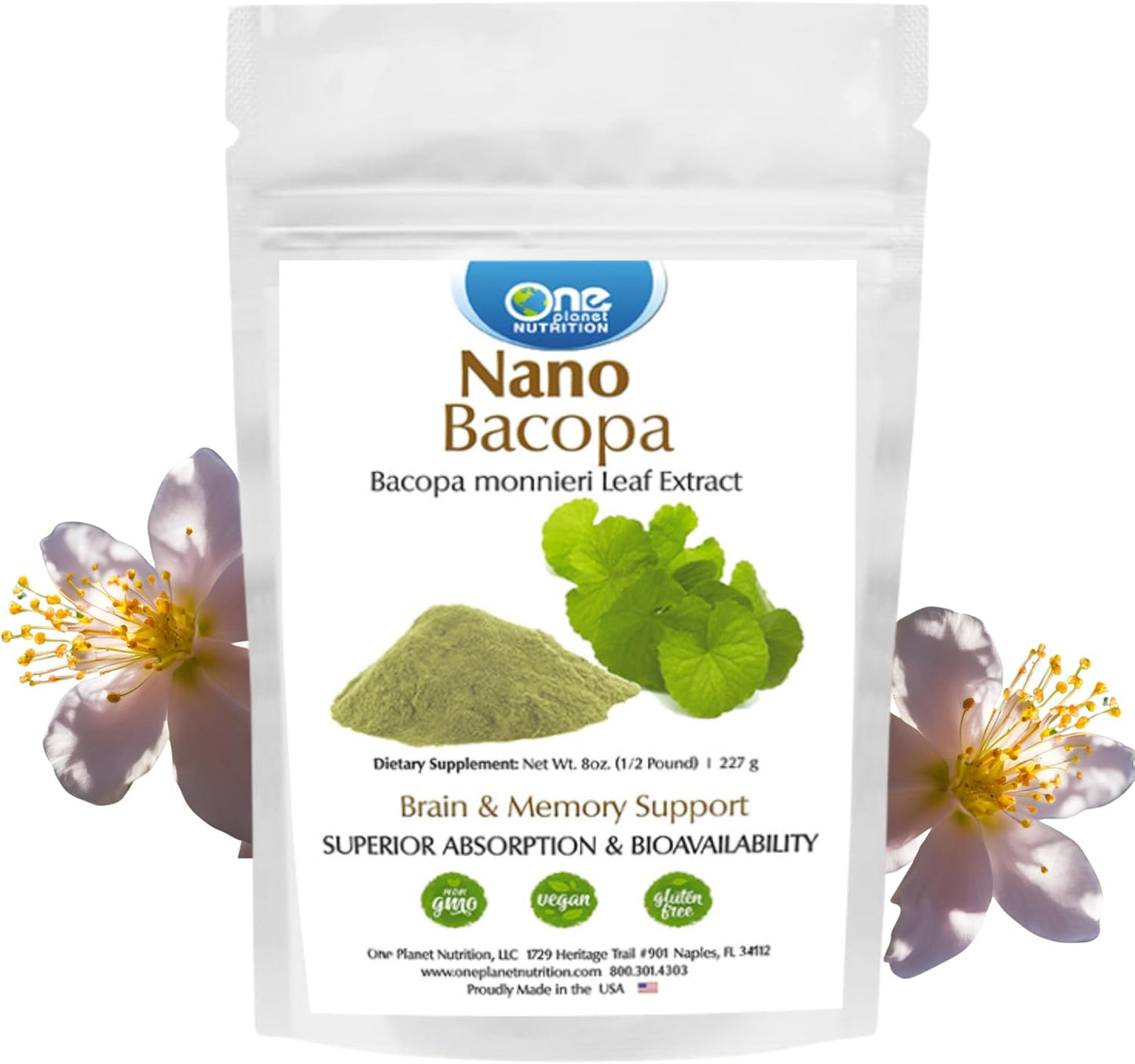 Nano Bacopa Monnieri Extract Powder 8 oz - Enhances Memory & Focus - Excipient-Free, Non-GMO, Vegan, Gluten-Free - 227 Servings