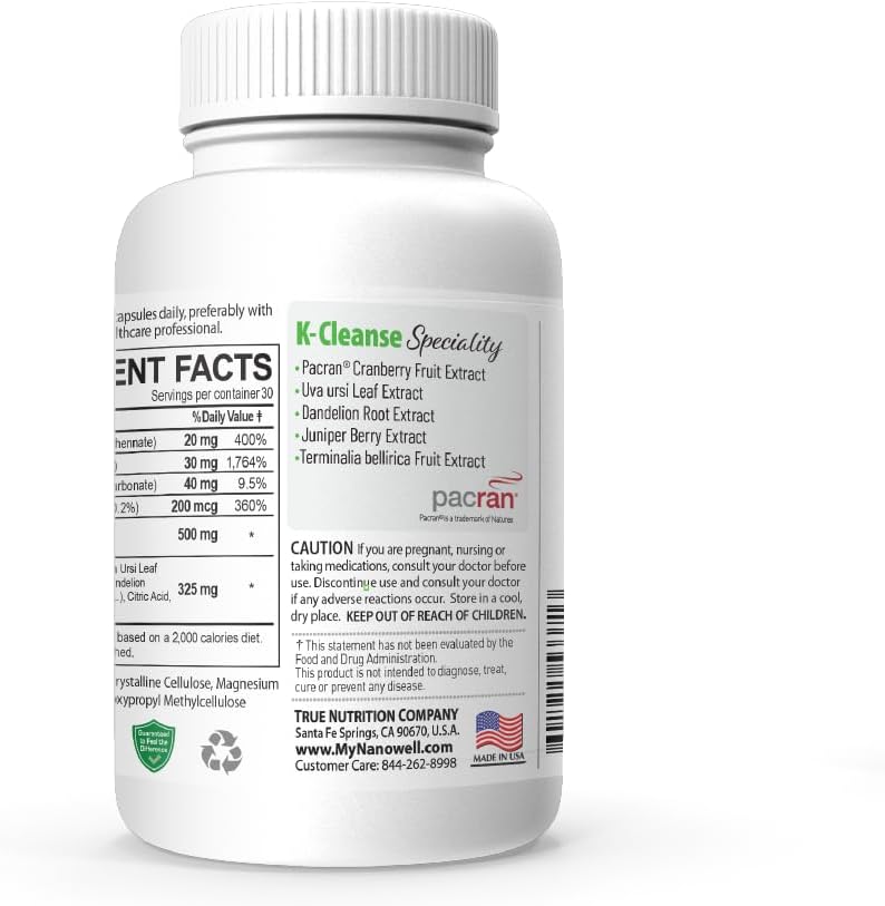 NANOWELL K-Cleanse: Kidney Cleanse Supplement with Pacran Cranberry Extract, Magnesium, Selenium, Vitamins B5 & B6 - 60 Capsules