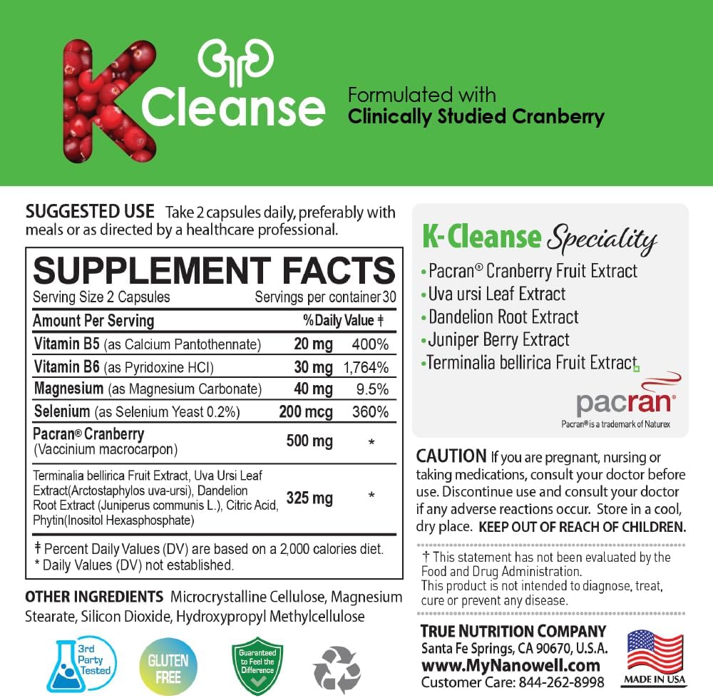 NANOWELL K-Cleanse: Kidney Cleanse Supplement with Pacran Cranberry Extract, Magnesium, Selenium, Vitamins B5 & B6 - 60 Capsules