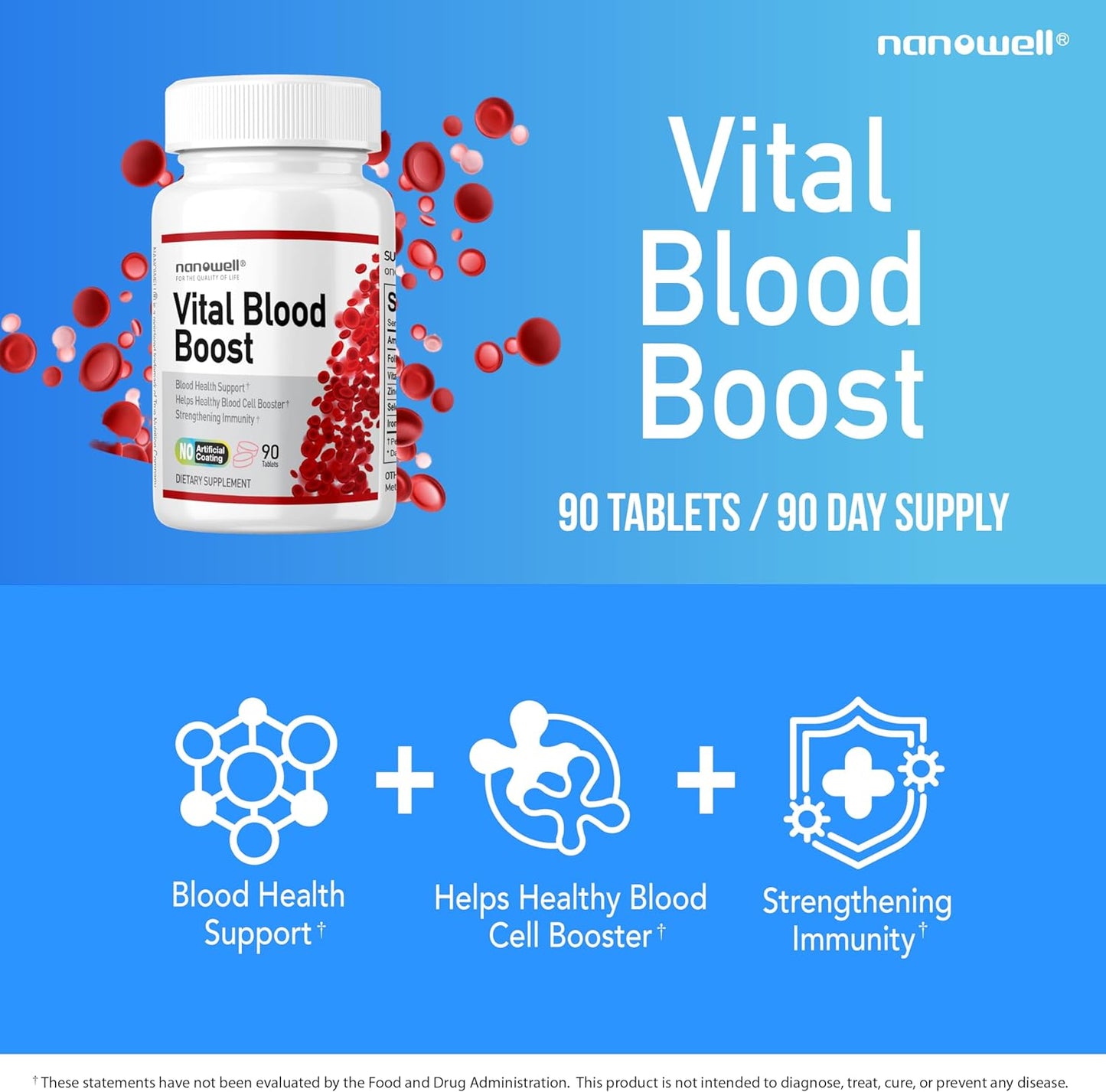 NANOWELL Vital Blood Boost - Iron Supplement with Selenium, Zinc, Vitamin B12 & Folic Acid - 90 Tablets - 90 Day Supply