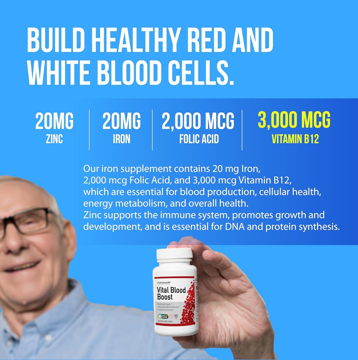 NANOWELL Vital Blood Boost - Iron Supplement with Selenium, Zinc, Vitamin B12 & Folic Acid - 90 Tablets - 90 Day Supply