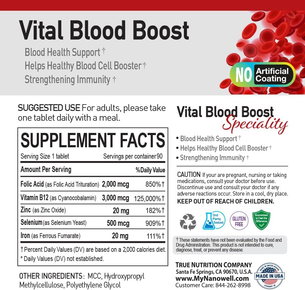 NANOWELL Vital Blood Boost - Iron Supplement with Selenium, Zinc, Vitamin B12 & Folic Acid - 90 Tablets - 90 Day Supply