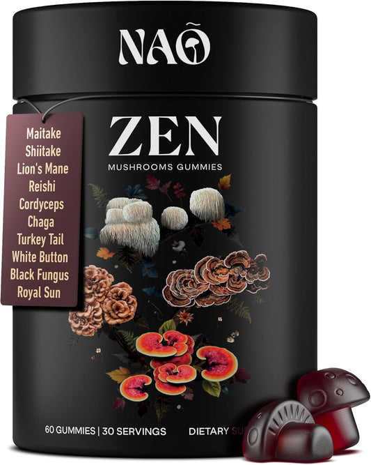 NAO Zen Mushroom Gummies - 10 in 1 Blend for Daily Wellness & Vitality with Reishi, Cordyceps, Chaga, and Lion’s Mane