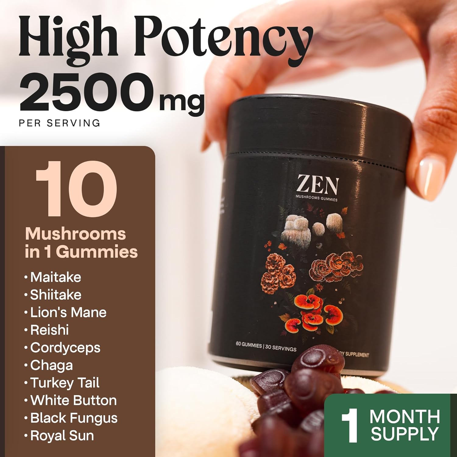 NAO Zen Mushroom Gummies - 10 in 1 Blend for Daily Wellness & Vitality with Reishi, Cordyceps, Chaga, and Lion’s Mane