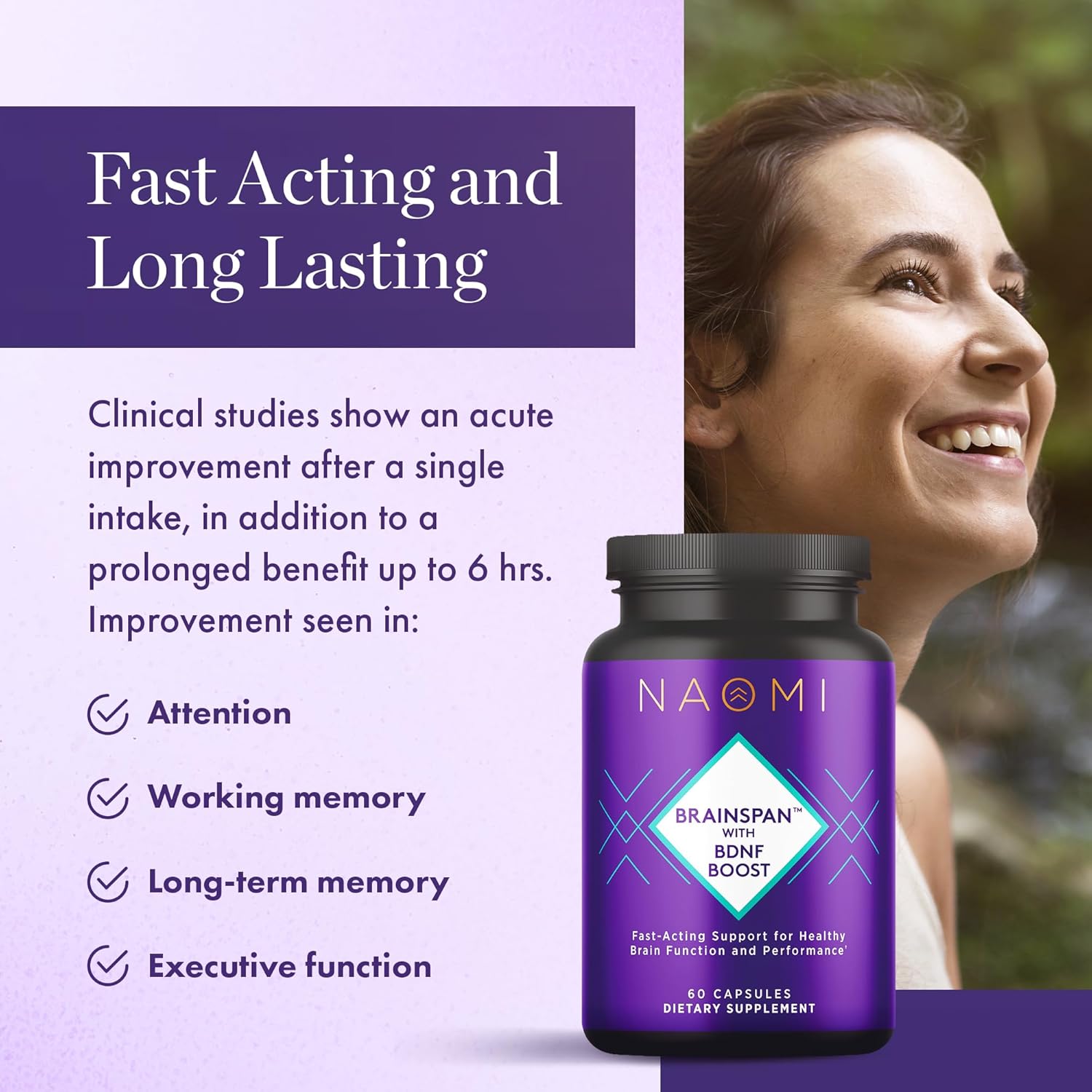 NAOMI Brainspan™ BDNF Boost Capsules for Brain Function & Performance - Lion's Mane, Gingko Biloba, Sage Extracts - 60ct