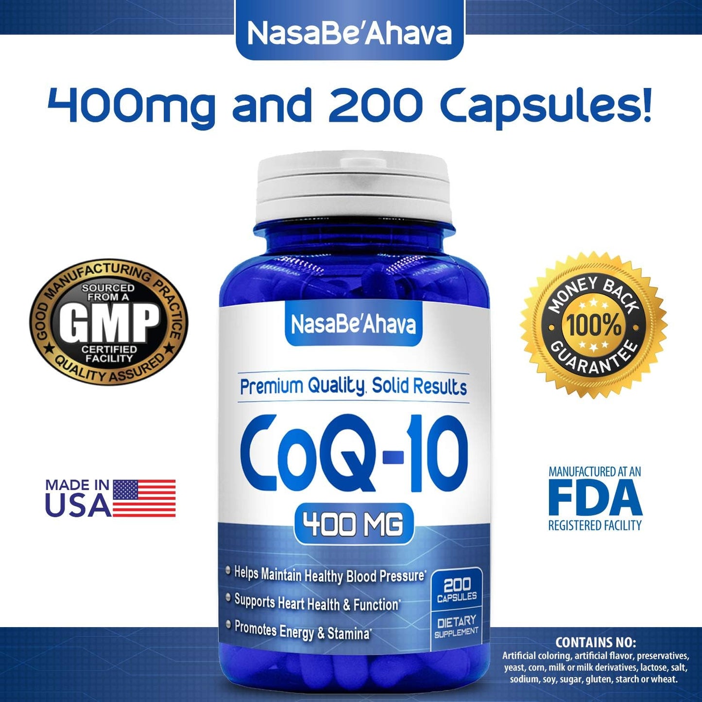 NASA BEAHAVA Pure CoQ10 400mg 200 Capsules for Quick Absorption - Non-GMO Formula