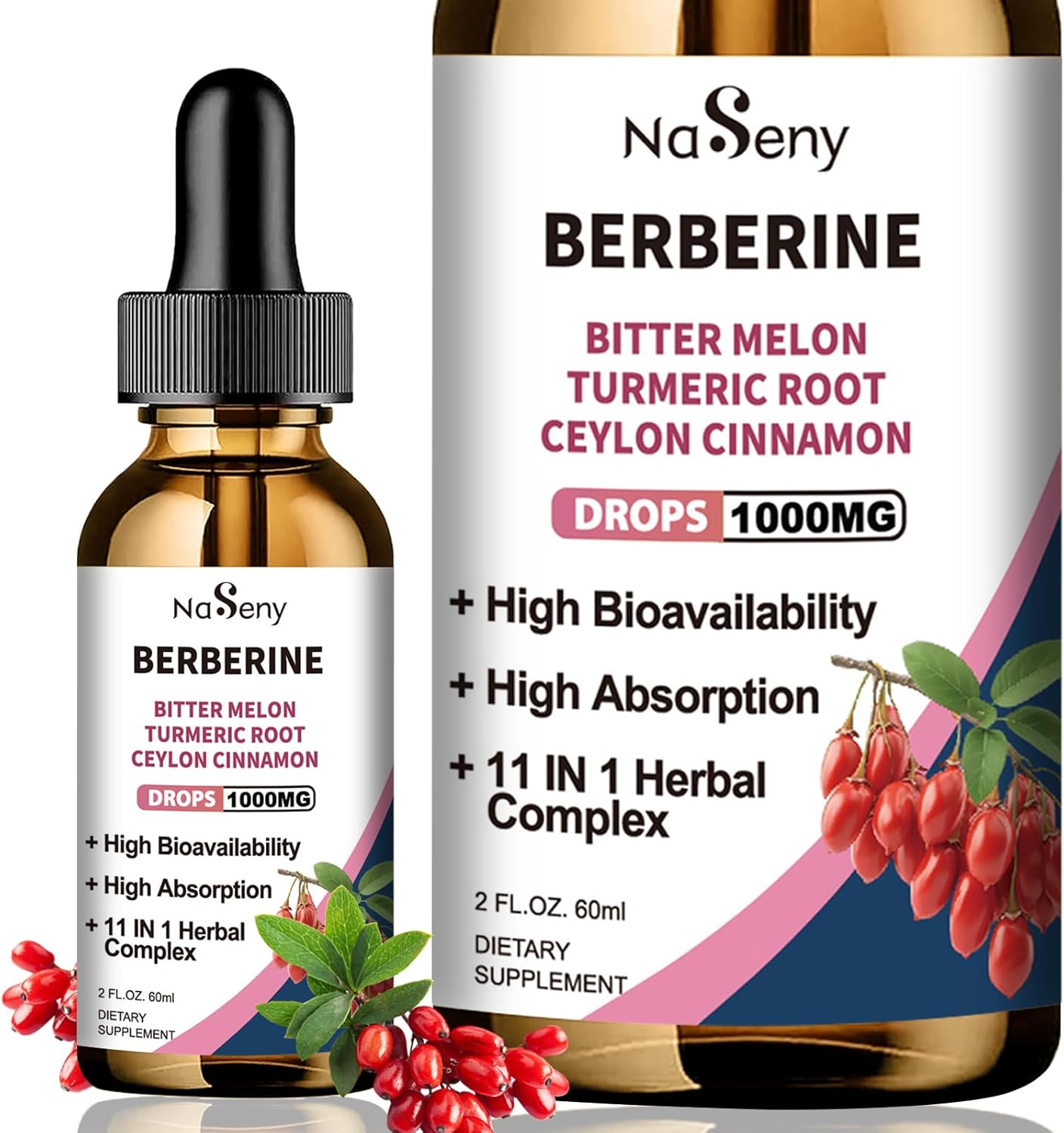 NaSeny Berberine Liquid Drops with Ceylon Cinnamon, Bitter Melon & Turmeric - Herbal Immune, Heart & Digestion Supplement