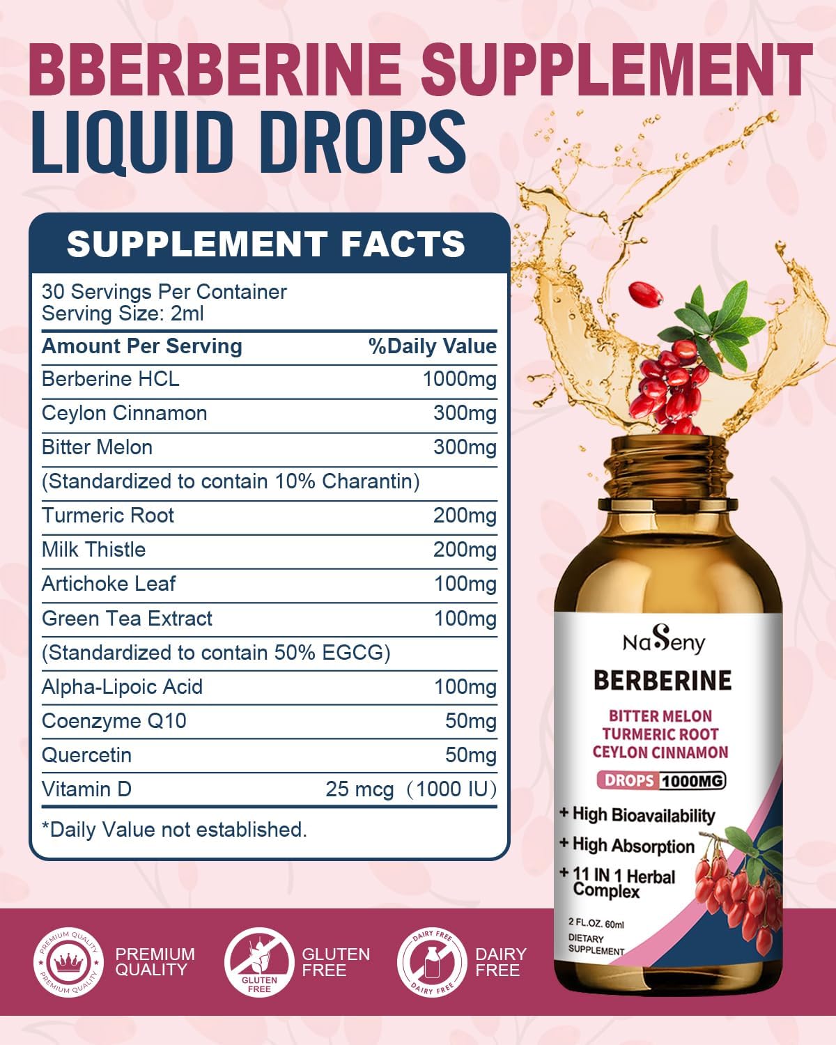 NaSeny Berberine Liquid Drops with Ceylon Cinnamon, Bitter Melon & Turmeric - Herbal Immune, Heart & Digestion Supplement