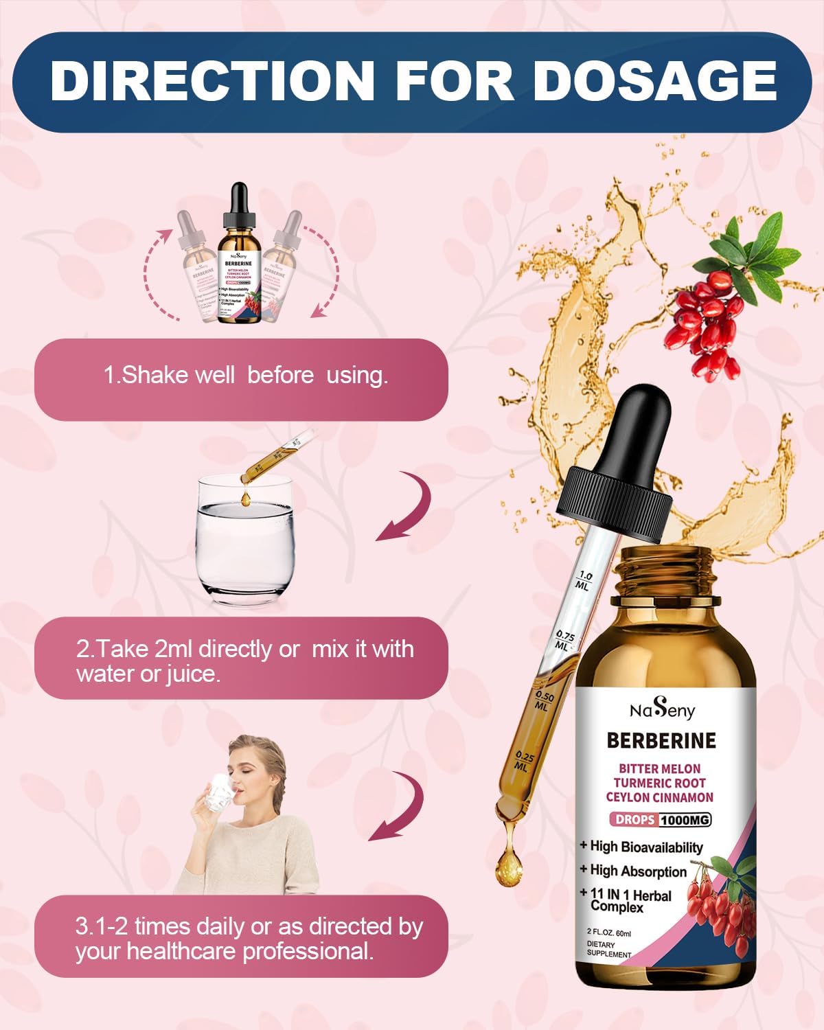 NaSeny Berberine Liquid Drops with Ceylon Cinnamon, Bitter Melon & Turmeric - Herbal Immune, Heart & Digestion Supplement