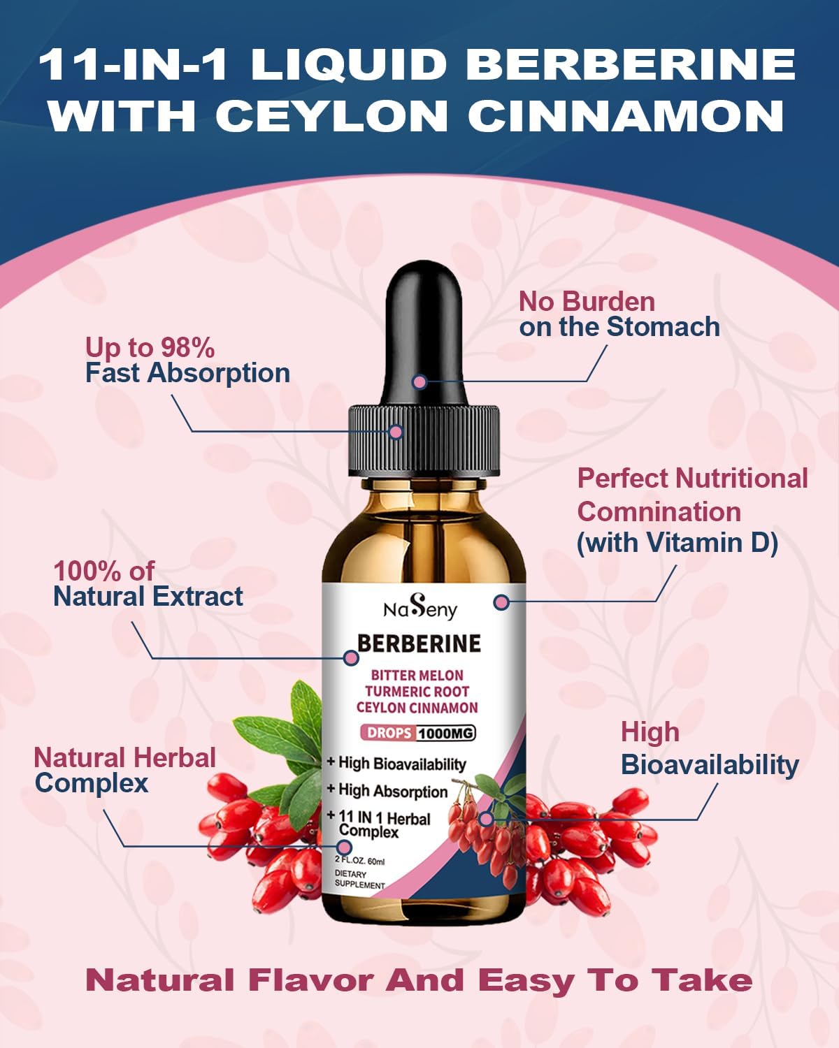 NaSeny Berberine Liquid Drops with Ceylon Cinnamon, Bitter Melon & Turmeric - Herbal Immune, Heart & Digestion Supplement