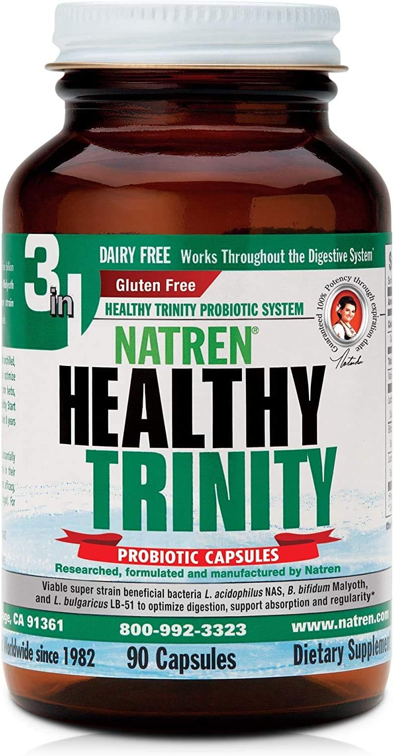 Natren Healthy Trinity Probiotic Supplement - 90 Dairy & Gluten Free Capsules - Boost Gut & Digestive Health, 30 Billion CFU - Acidophilus, Bifidobacterium, Bulgaricus