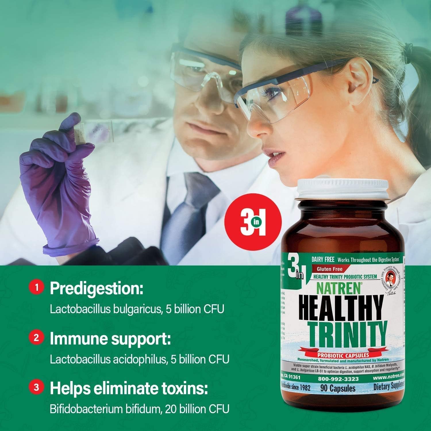 Natren Healthy Trinity Probiotic Supplement - 90 Dairy & Gluten Free Capsules - Boost Gut & Digestive Health, 30 Billion CFU - Acidophilus, Bifidobacterium, Bulgaricus