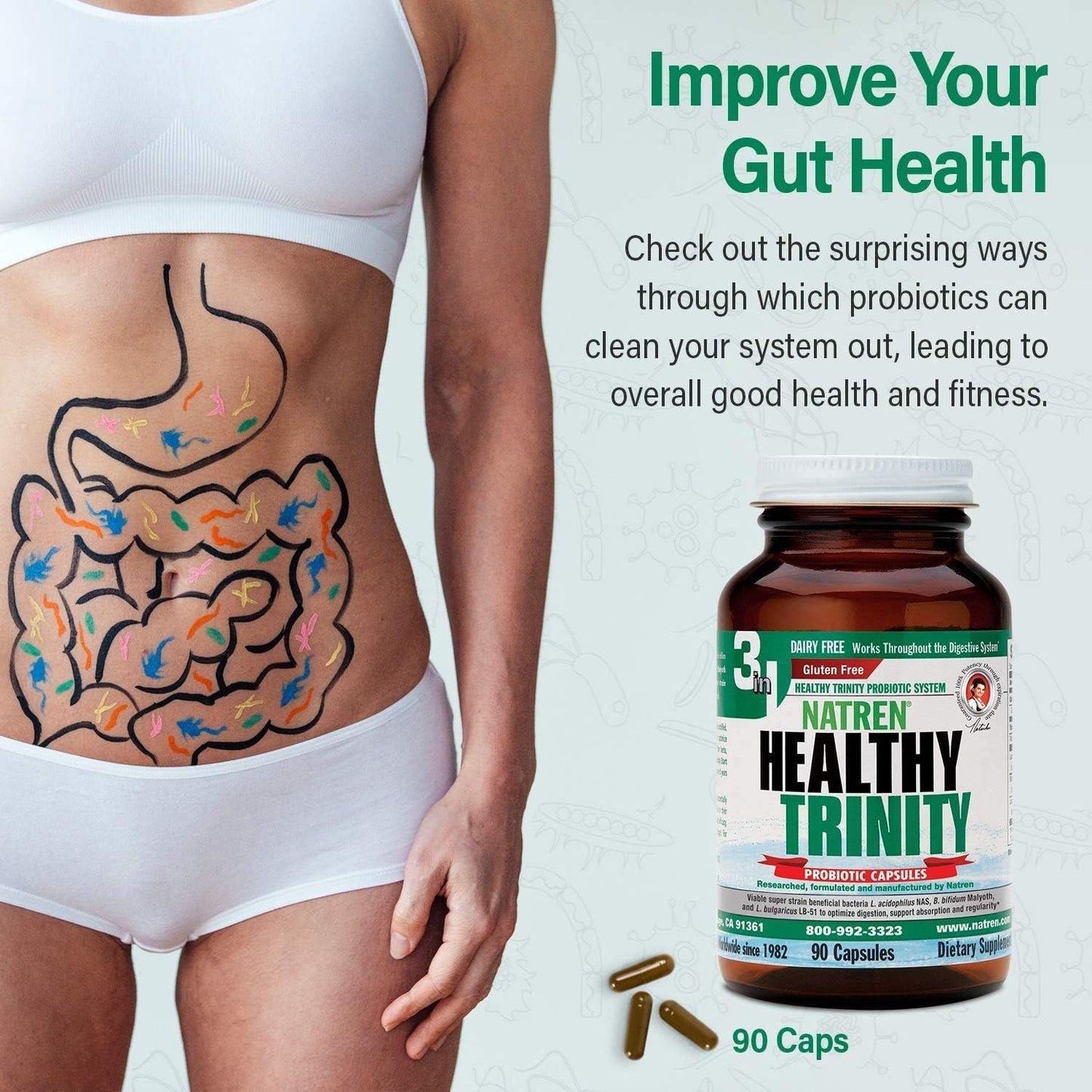 Natren Healthy Trinity Probiotic Supplement - 90 Dairy & Gluten Free Capsules - Boost Gut & Digestive Health, 30 Billion CFU - Acidophilus, Bifidobacterium, Bulgaricus