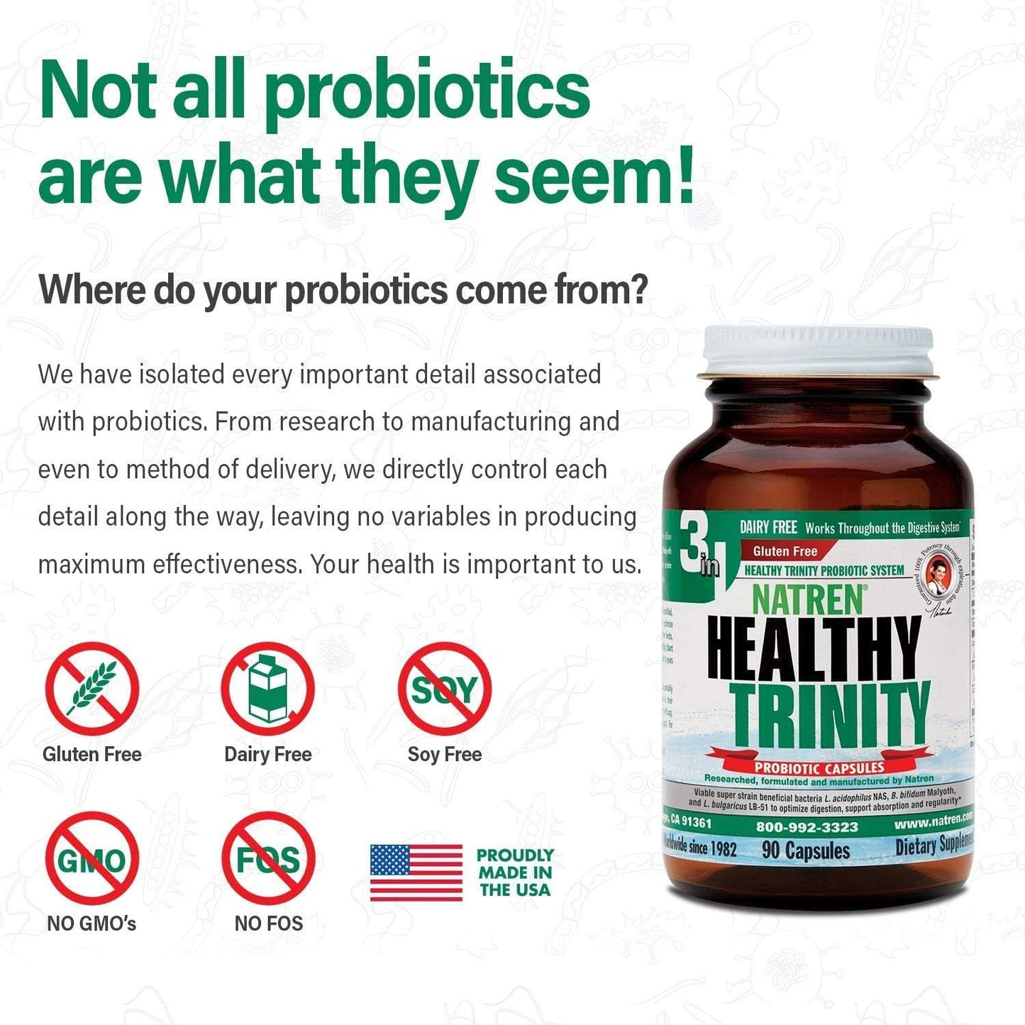 Natren Healthy Trinity Probiotic Supplement - 90 Dairy & Gluten Free Capsules - Boost Gut & Digestive Health, 30 Billion CFU - Acidophilus, Bifidobacterium, Bulgaricus