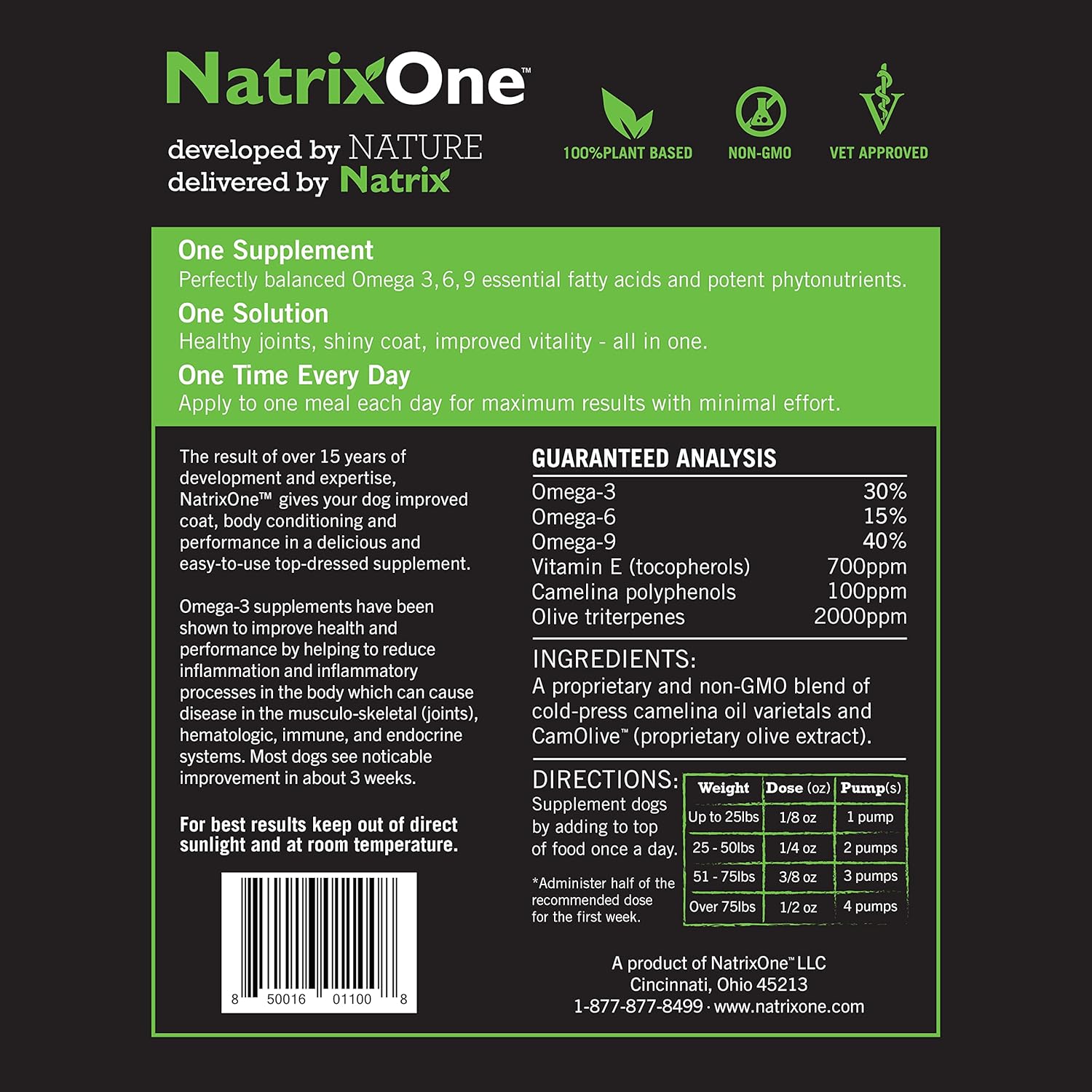 NatrixOne Omega 3 Skin and Coat Supplement for Dogs - 16 oz All-Natural Oil - Supports Heart, Joints, Anti-inflammatory - Camelina Oil