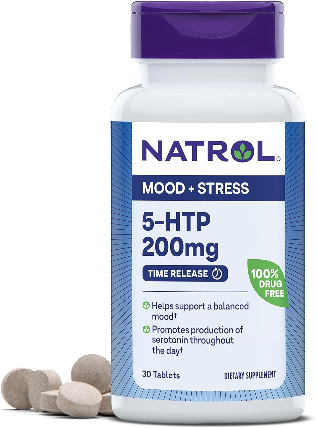 Natrol 5-HTP 200mg Time Release Tablets for Mood and Stress Support, 30 Count