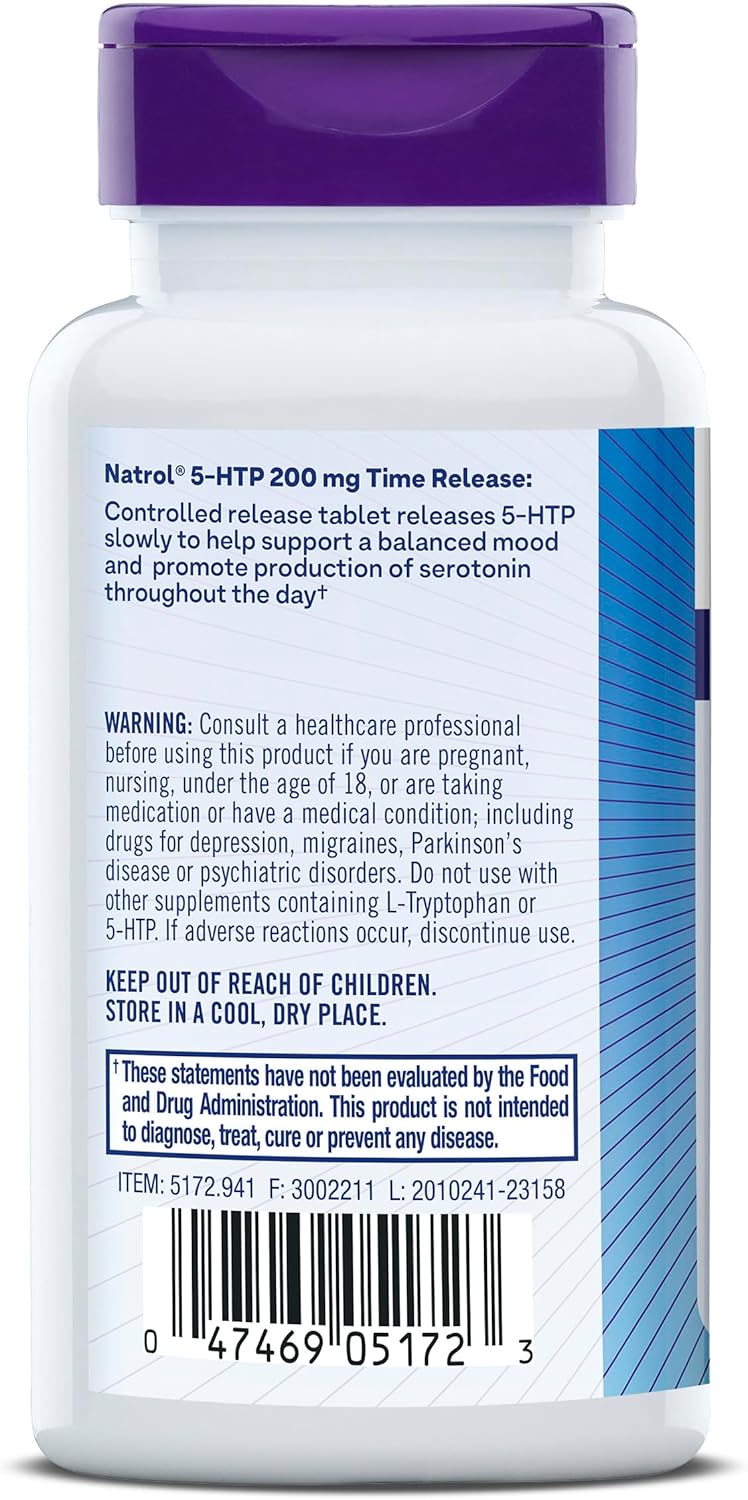 Natrol 5-HTP 200mg Time Release Tablets for Mood and Stress Support, 30 Count