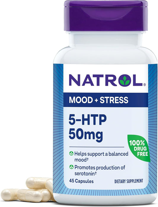 Natrol 5-HTP Mood & Stress Dietary Supplement 50mg Capsules - Balanced Mood Support - 45 Day Supply