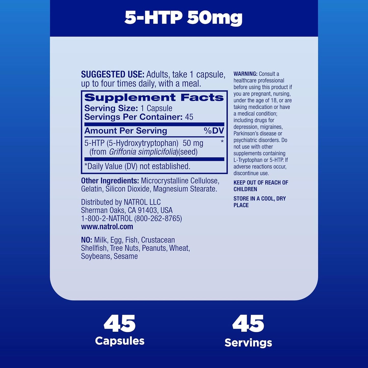 Natrol 5-HTP Mood & Stress Dietary Supplement 50mg Capsules - Balanced Mood Support - 45 Day Supply